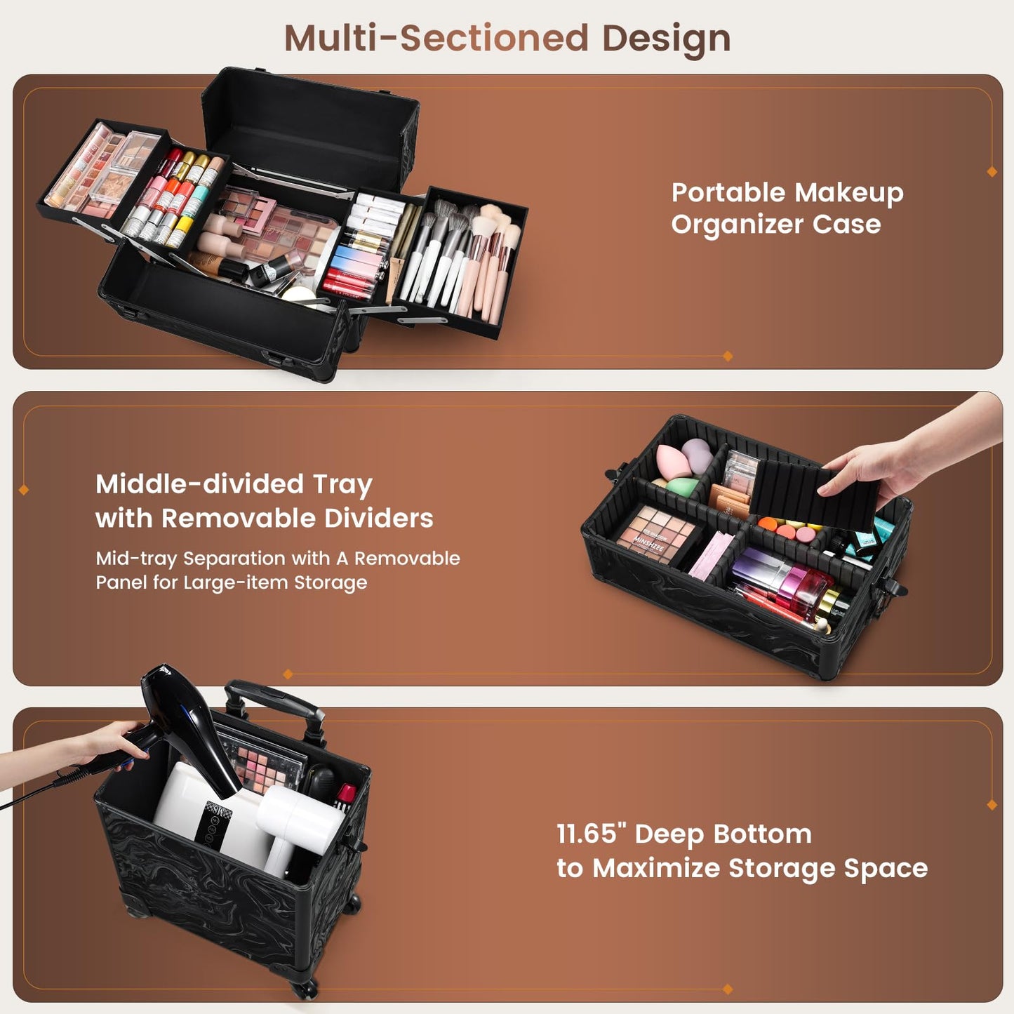 FRENESSA 3 in 1 Rolling Makeup Case Cosmetology Case on Wheels Alpine Black