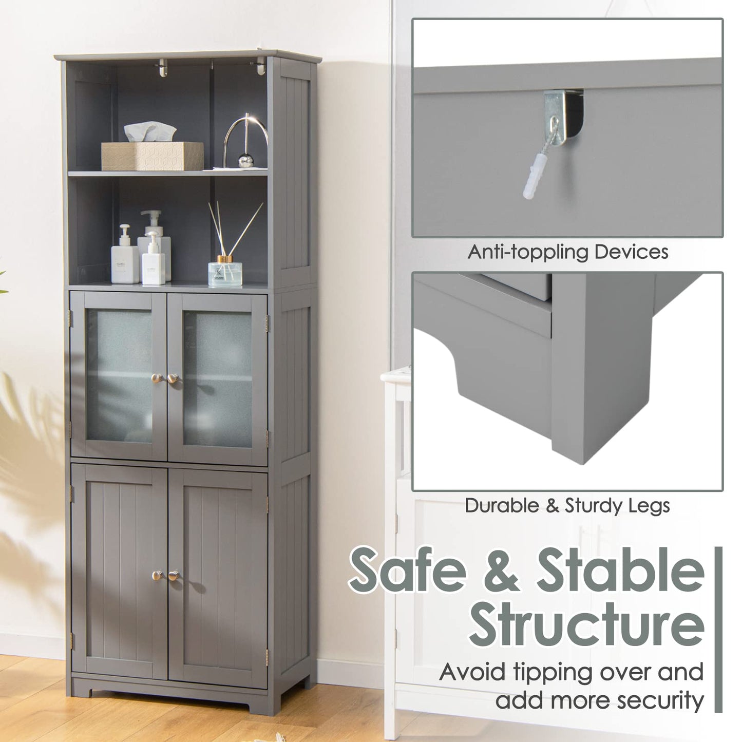 Tangkula Tall Bathroom Storage Cabinet, Freestanding Floor Cabinet w/2 Glass Doors & 2 Open Shelves, 3-Position Adjustable Shelves, Anti-toppling Design, 64” Tall Pantry Cupboard for Kitchen