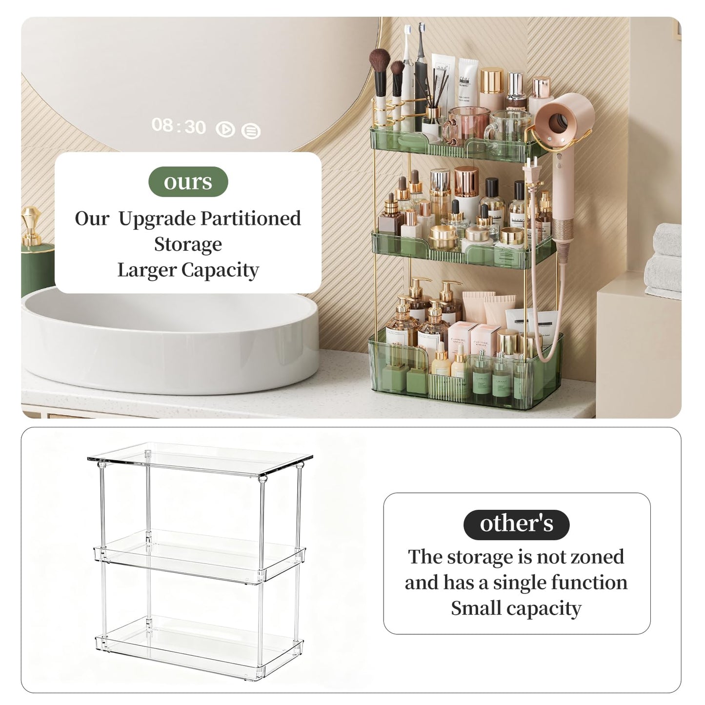 Weidace Bathroom Counter Organizer for Vanity, Makeup Organizer Countertop with Holder, Large Capacity Storage Rack, Perfect Large Skincare, Hair Care, Perfume, Easy to Install (Green, 3Tiers)