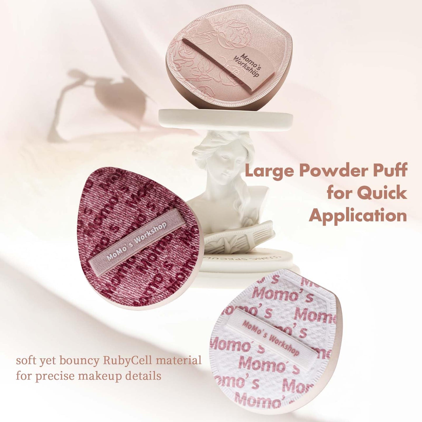 Momo's Workshop Rosy Reverie Trio Makeup Brush and Sponge Set–Pink & White 3-Piece Kit for Foundation and Powder& Fish Tail Brush, Flat Blending Sponge & Velour Powder Puff for a Flawless Finish