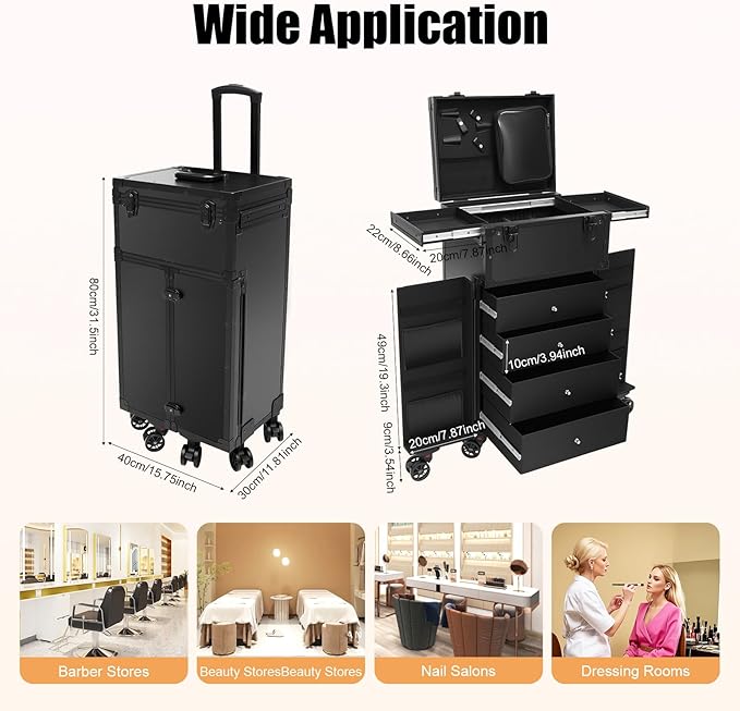 YIYIBYUS 5 in 1 Rolling Makeup Cart, Professional Cosmetic Organizer Travel Case, Extra Large Trolley Nail Artist Salon Storage Traveling Cart, with 360° Swivel Wheels