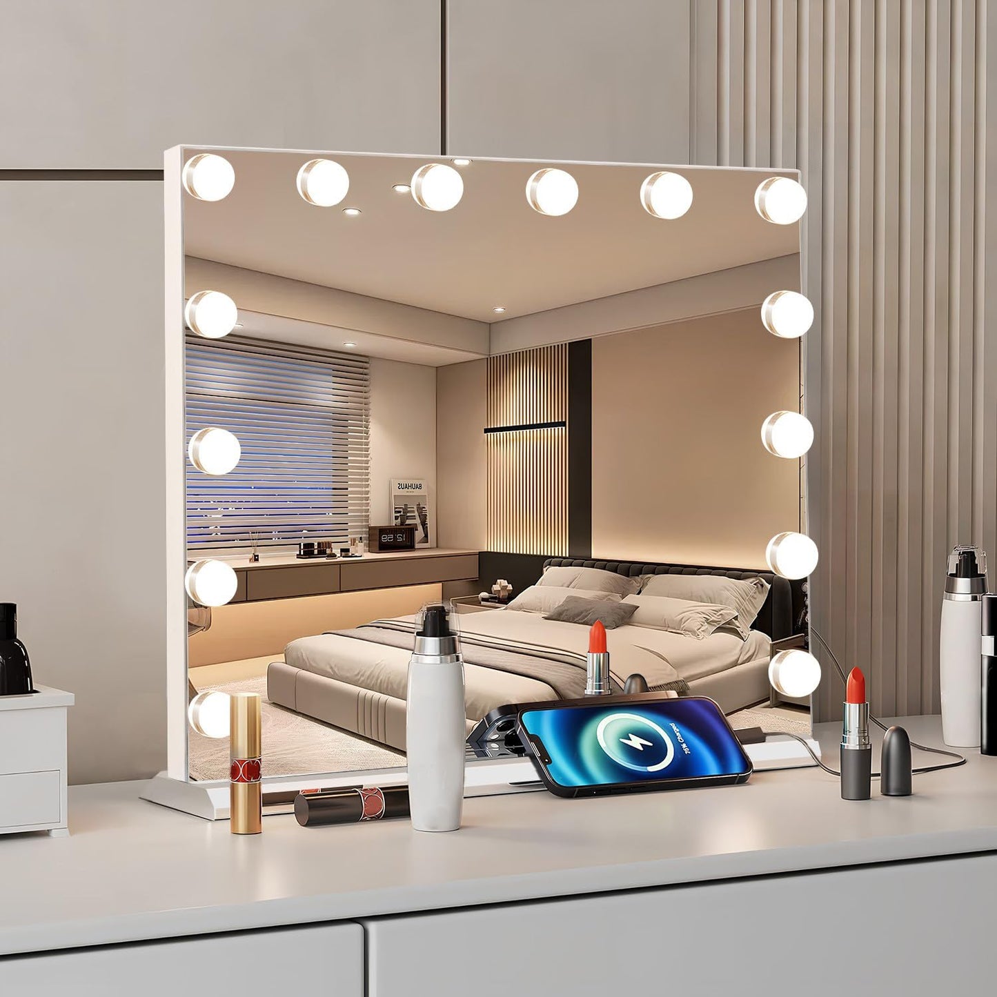 Hollywood Vanity Mirror with Lights, Lighted Makeup Mirror with 10X Magnification, Vanity Makeup Mirrors with Lights, USB Charging Port Touch Control, 14 LED Bulbs 3 Lighting Modes