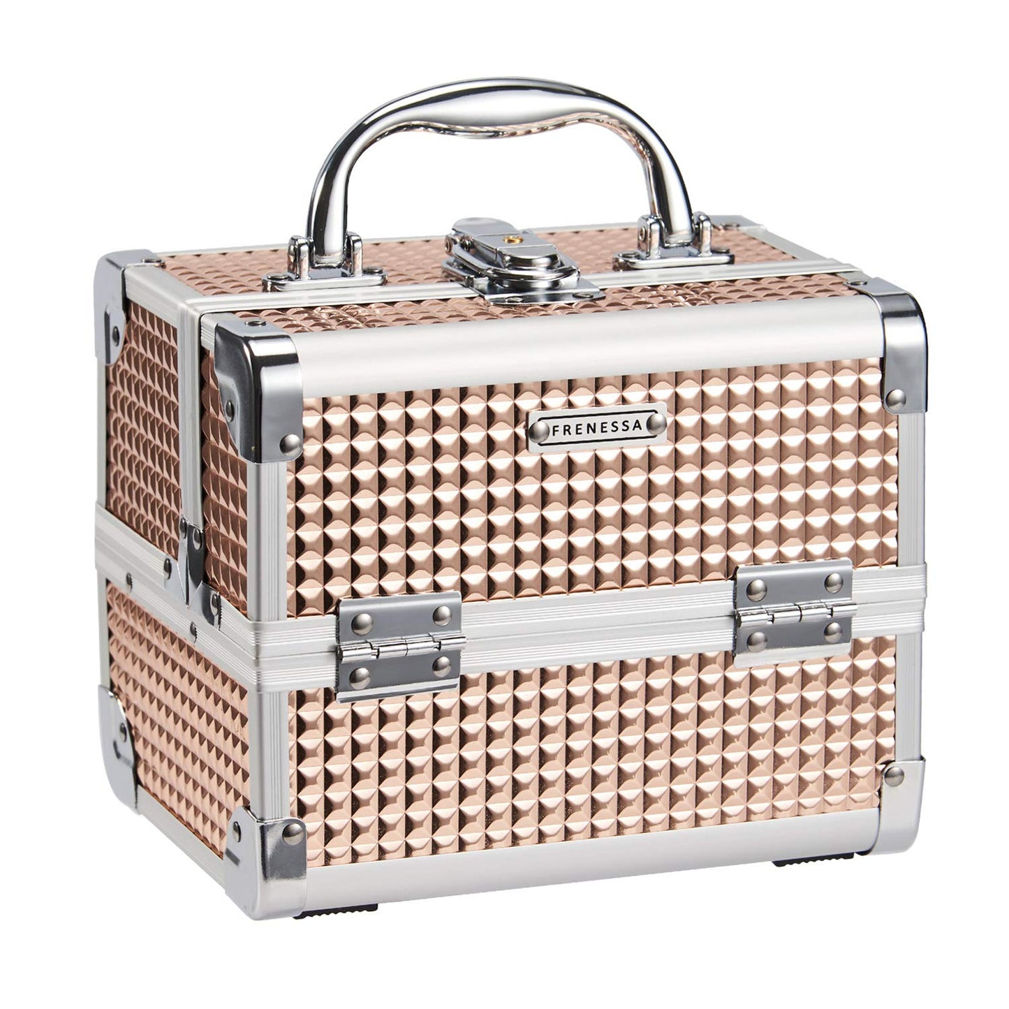 FRENESSA Makeup Case Train Case Portable Makeup Box with Mirror Lock Box Travel Cosmetic Train Cases Hard Makeup Organizer for Nail Craft Storage Vanity for Girl Rose Gold