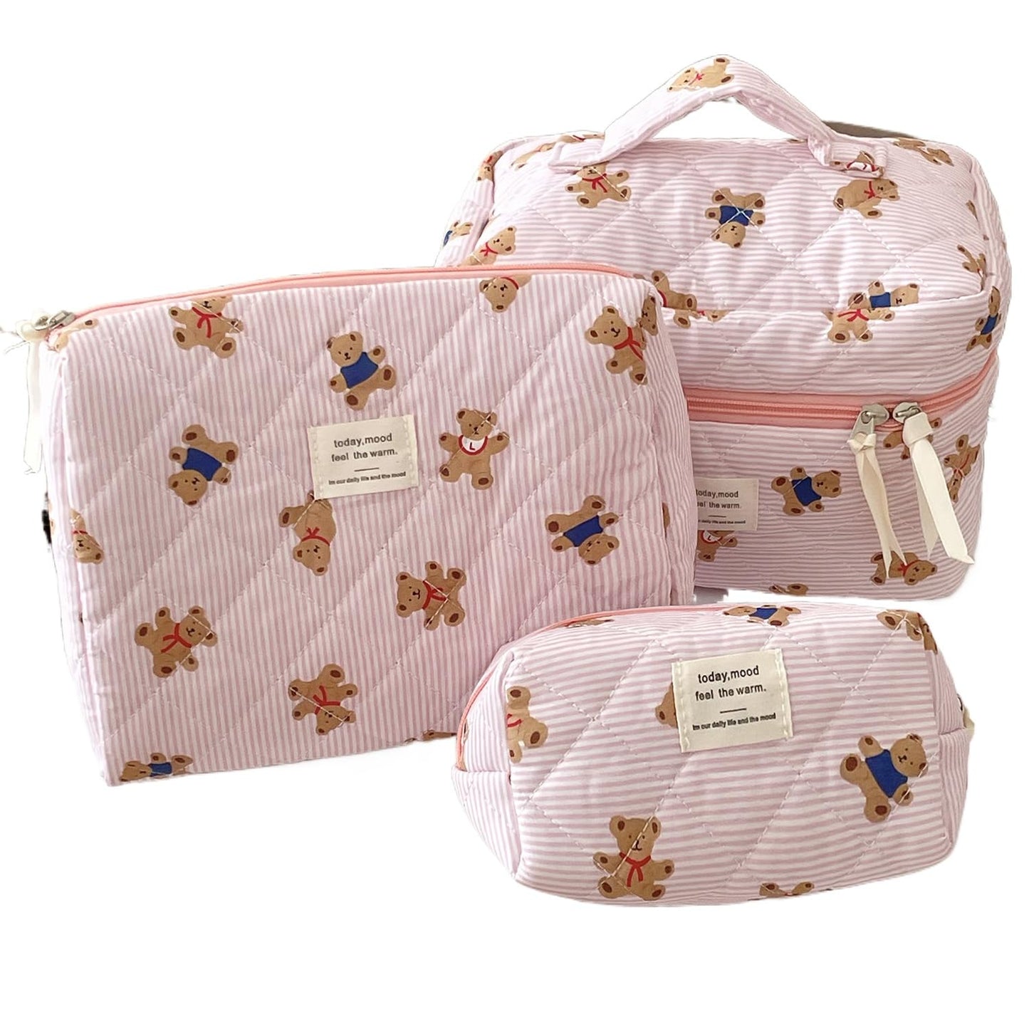 WASTROYAL Women Adorable Quilted Fabric Cosmetic Bag Set, 3-Piece Cartoon Bear Makeup Organizer with Zipper, Easy Travel Home Storage (Pink)