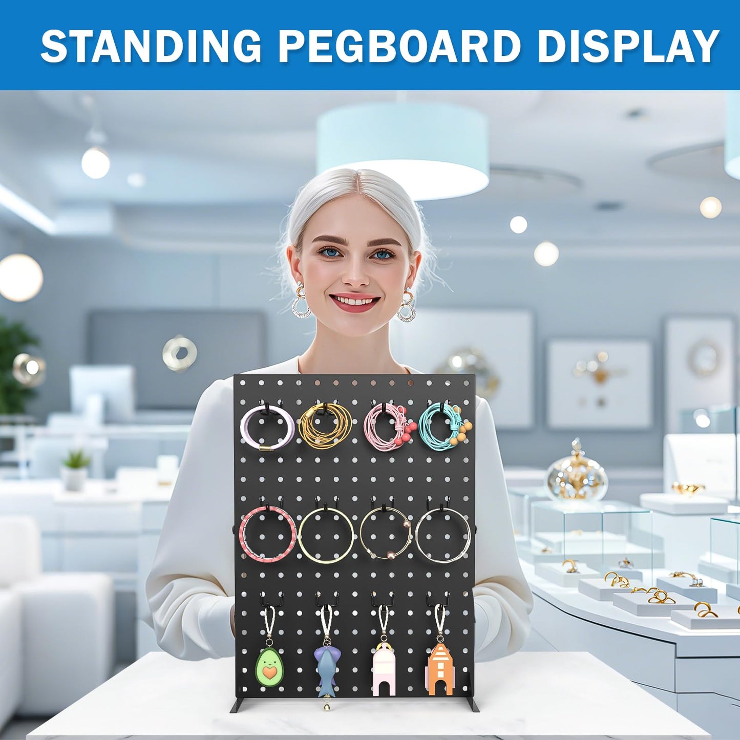 Feeloco Peg Board Display Stand for Vendors, 2Pcs Black Pegboard Display Stand with 24 Hooks, Free Standing Pegboard Display, Tabletop Hanging Display Stand for Craft Shows, Keychain, Jewelry(16*12 inch)