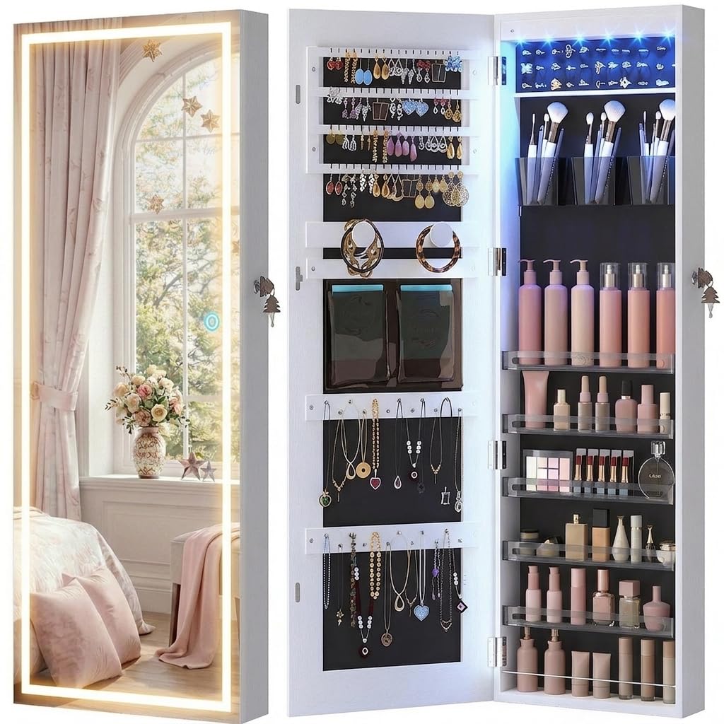 LVSOMT LED Mirror Jewelry Cabinet Door Hanging, Wall Mounted Jewelry Mirror Organizer Full Length, Lockable Jewelry Armoire, Large Capacity, for Small Space Bedroom, Gift for Women, White