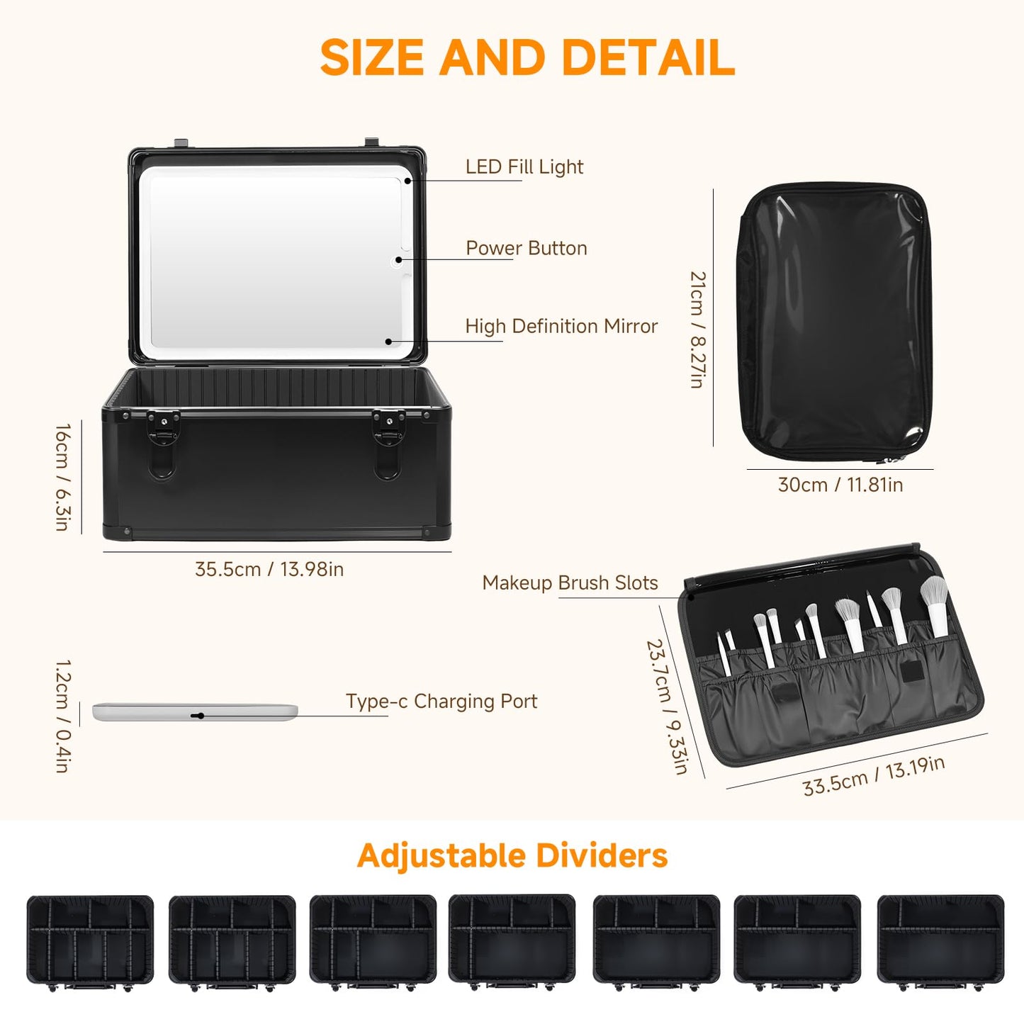 CHENGLIN Makeup Extra Large 15 inches Case with Lighted Mirror – Cosmetic Organizer with Adjustable Dividers, Magnetic LED Mirror, Portable Makeup Suitcase for Women, Black