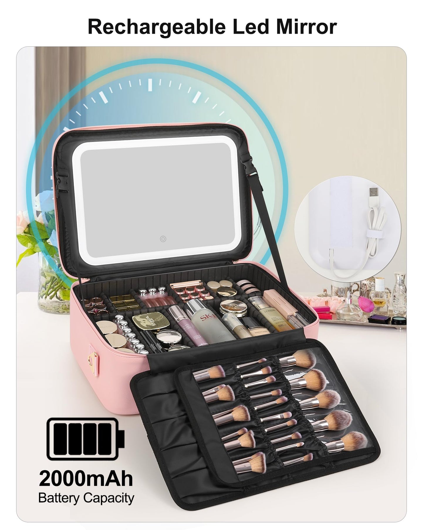 Relavel Large Makeup Case with LED Mirror, Train Cosmetic Case with Separate Brush Board, Professional Makeup Organizer Storage with Detachable Dividers for Makeup Artists, Hairstylist - Pink