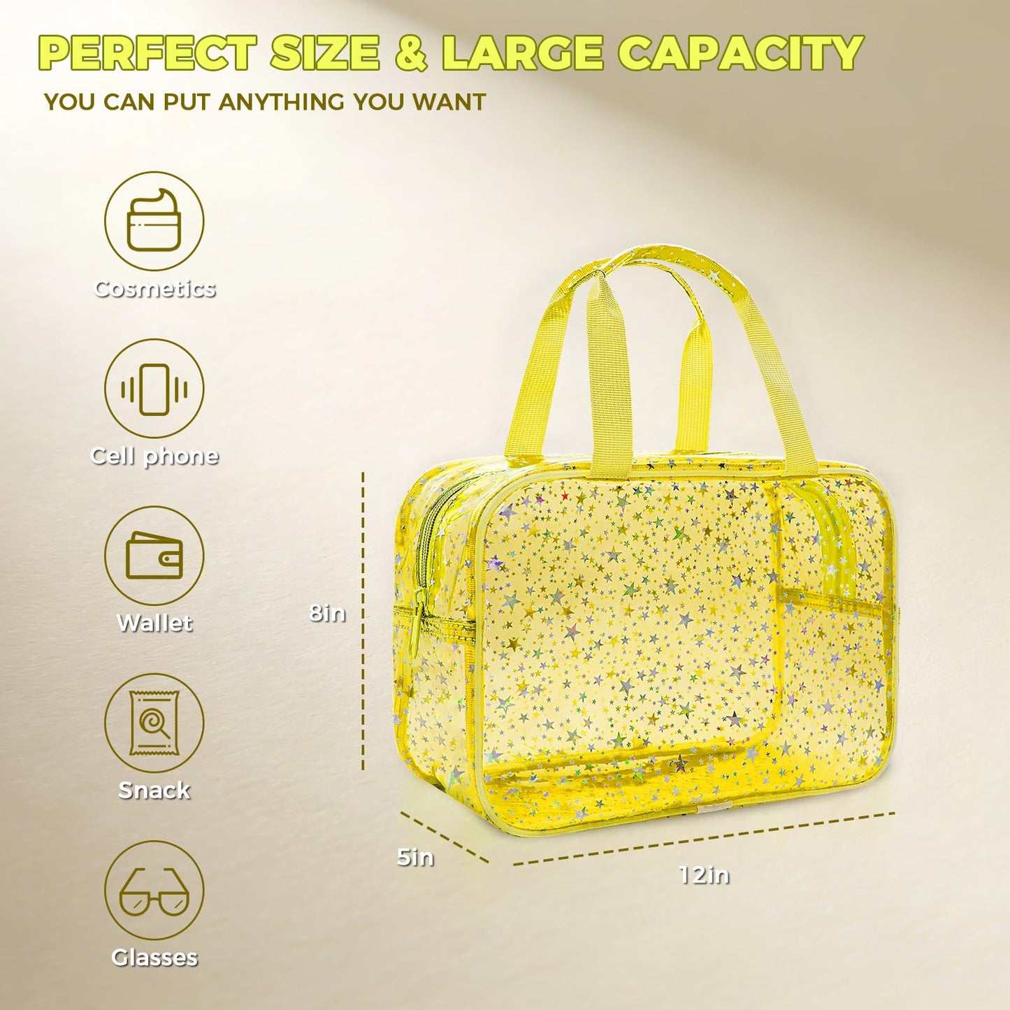 Junesters Clear Yellow Star Large Makeup Bag with Star Pattern 12x5x8 inch, Travel Cosmetic Bag with Handle, Durable PVC Material Washbag Zipper Opening Design for Makeup Travel Organizer or Gym Use