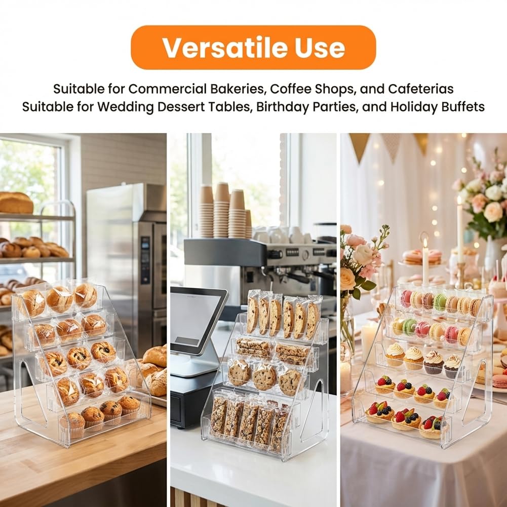 VKAXRMZTP 5-Tier Clear Acrylic Cookie Display Stand, Rectangular Shelves, Clear Tiered Dessert Stand for Bakers Vendors, Professional Display Riser for Cookies, Cupcakes, Muffins & Pastries