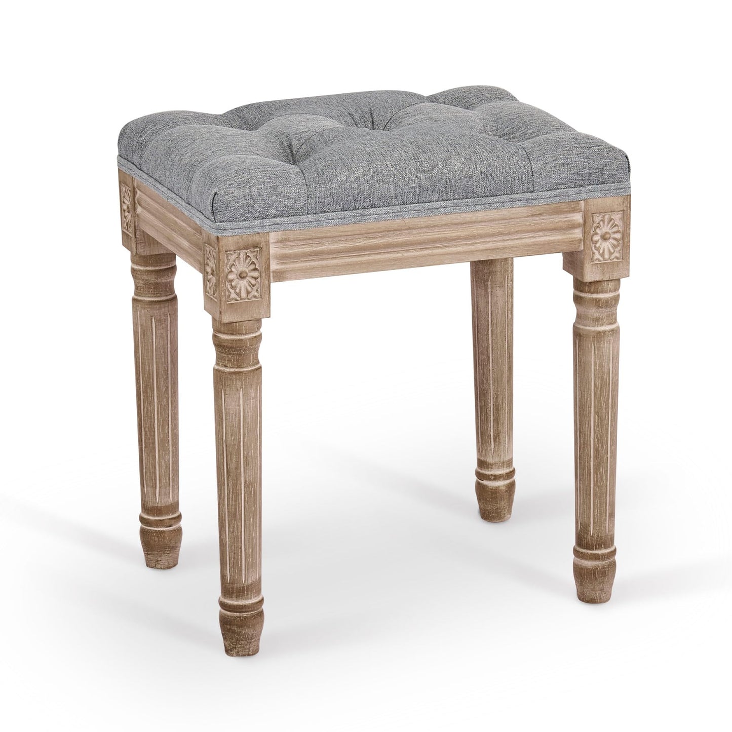 VONLUCE French Vintage Foot Stool with Rustic Wood Legs and Padded Seat, 18.5" High Memory Foam Upholstered Vanity Stool and Entryway Bench,Tufted Fabric Ottoman Stool for Bedroom Living Room, Gray