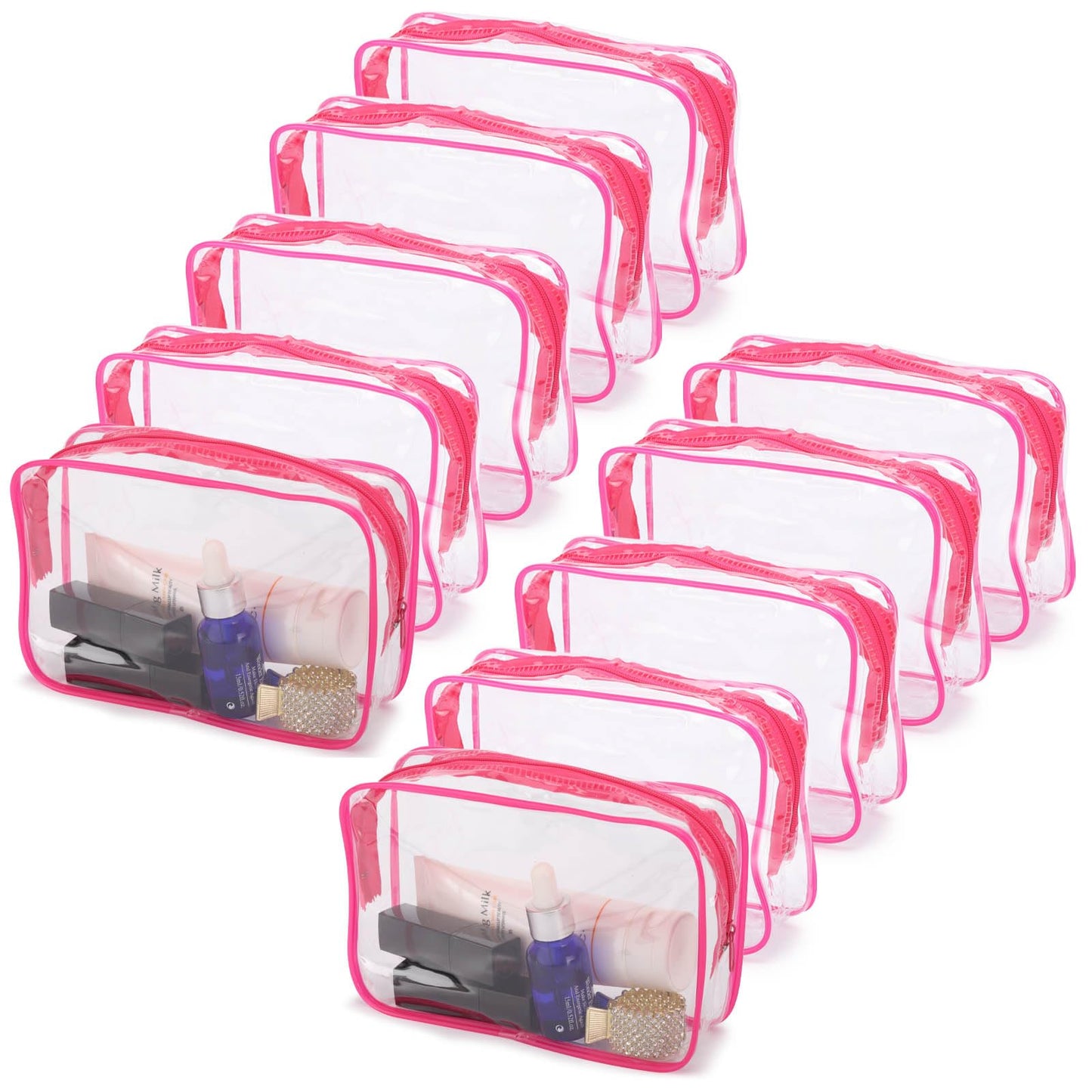 Tbestmax 10 Pcs Clear Cosmetic Bags Small Makeup Bags Portable Waterproof Travel Toiletry Bags Organizer Rose Red, 7.5"x 4.8"x 2.3"