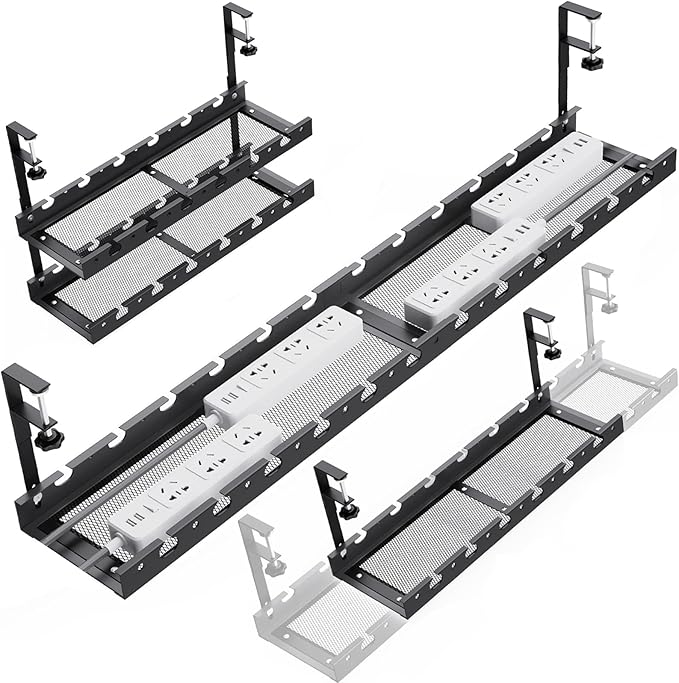 31Inch Extendable Under Desk Cable Management Tray Multi-Model Metal Cable Management Tray Under Desk Cord Management with Clamp Power Strip Cord Holder for Wire Cable Management, Black