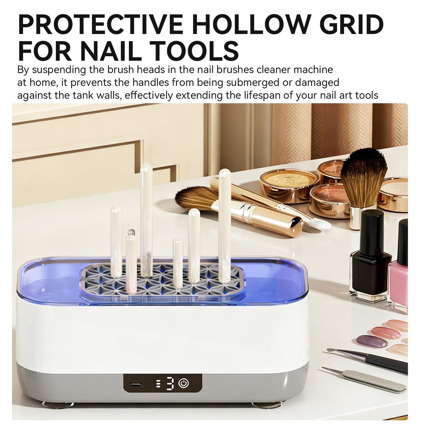SOAEVUM 400ML Nail Tools Cleaning Machine with Brush Holder Grid, Large-Capacity 3 Timers Mode Use for Nail Drill Bits, Art Brushes, Cuticle Tools, Nail Clipper, for Nail Art Enthusiast at Home