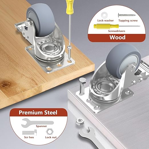 3 Inch Stainless Steel Caster Wheels with Brake, Heavy Duty 304 Casters Set of 4, Non-Marking TPR Quiet Wheels, 2600 lbs, Swivel for Furniture, Labs, Kitchens, Industrial with Hardware Kits