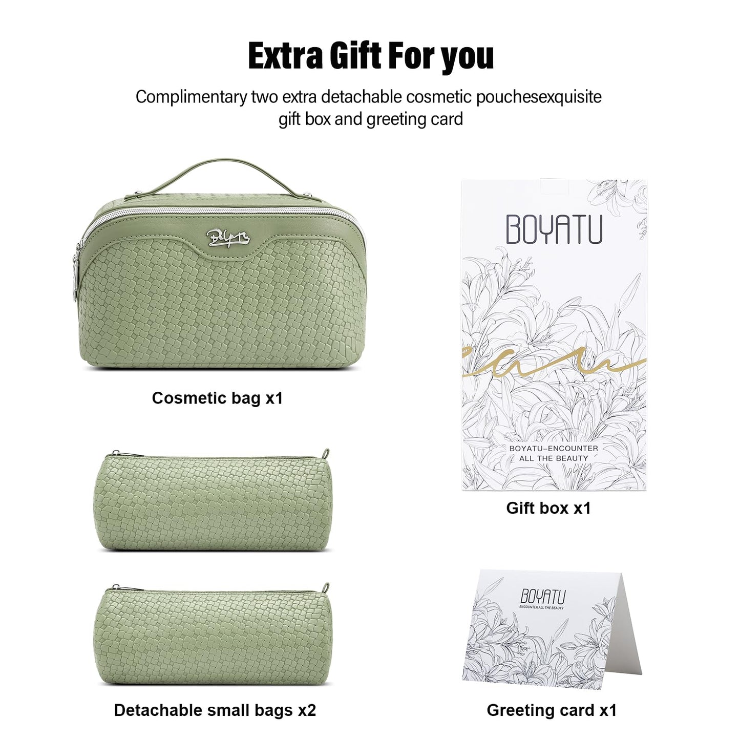 BOYATU Travel Makeup Bag Cosmetic Bags for Women: Large Capacity 3 Pcs Set Make up Bag with Compartments - Waterproof Vegan Leather Toiletry Organizer Bags with Handle (L51Grass Green)