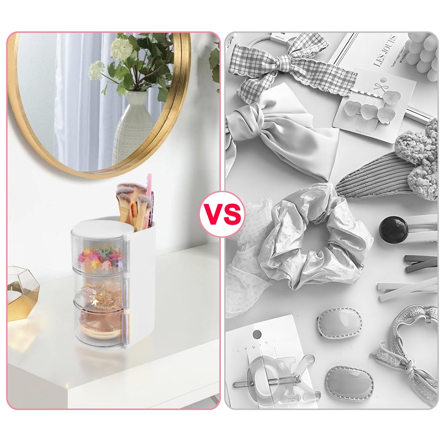 SHAIDOJIO 2Pack Hair Accessories Organizer with Hair Brushes Holder, 3-Tier Rotatable Drawer Makeup Brush Holder Small Jewelry Box with Sticker, Desktop Organizer Case for Girl Clip Earring Necklaces
