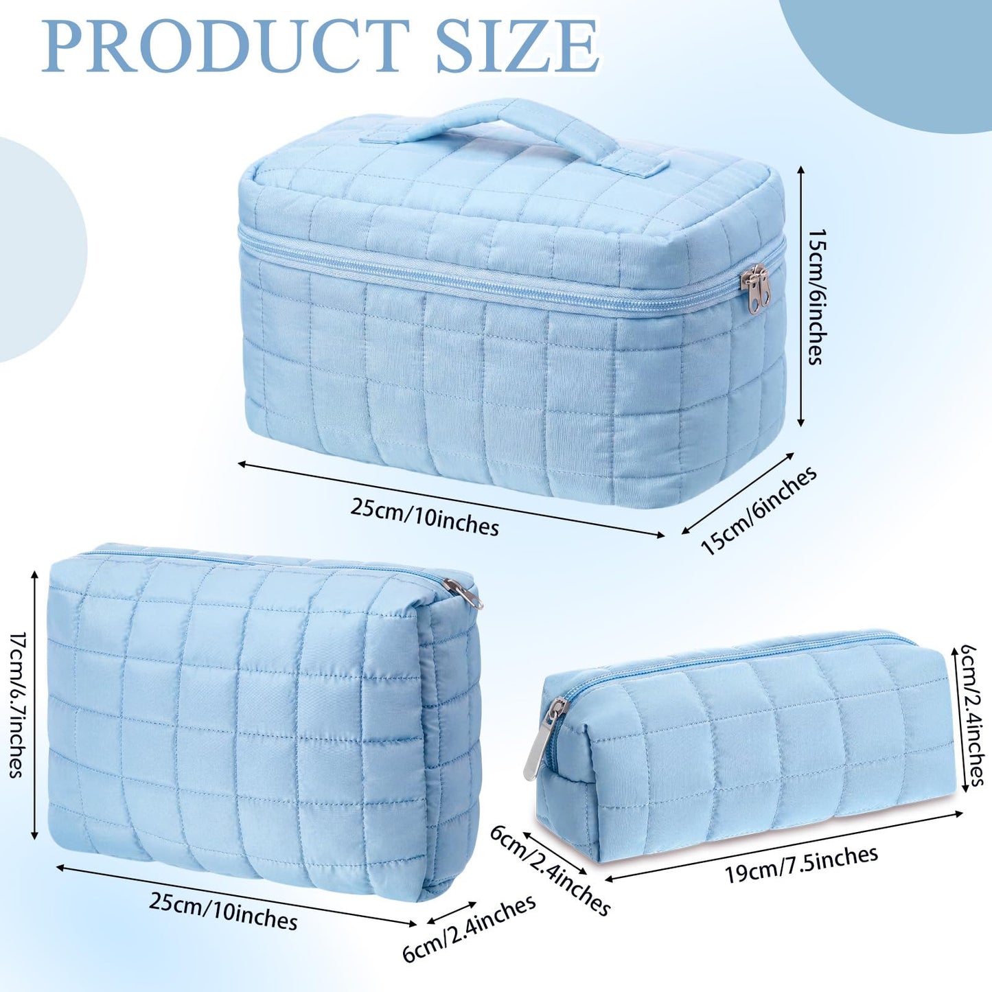 Huhumy 3 Pcs Large Puffy Makeup Bag Set Quilted Cosmetic Pouch for Women Cute Checkered Travel Toiletry Bag Puffer Makeup Organizer Purse Pouch Preppy Pencil Case with Zipper Valentine Gift(Blue)