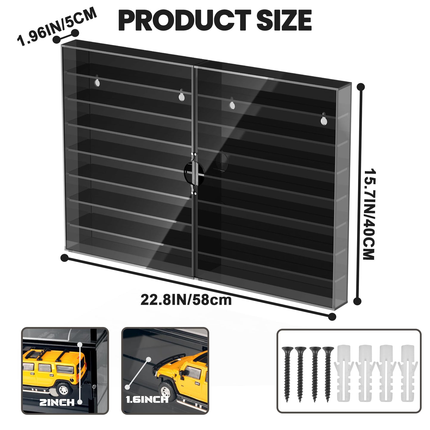 Alyoen 1/64 Scale Small Toy car Display Case, 2 in 1 Cars Display Case Wall-Mounted, Storage Cabinet with Magnetic Doors - Holds Up to 64 Cars（Black）