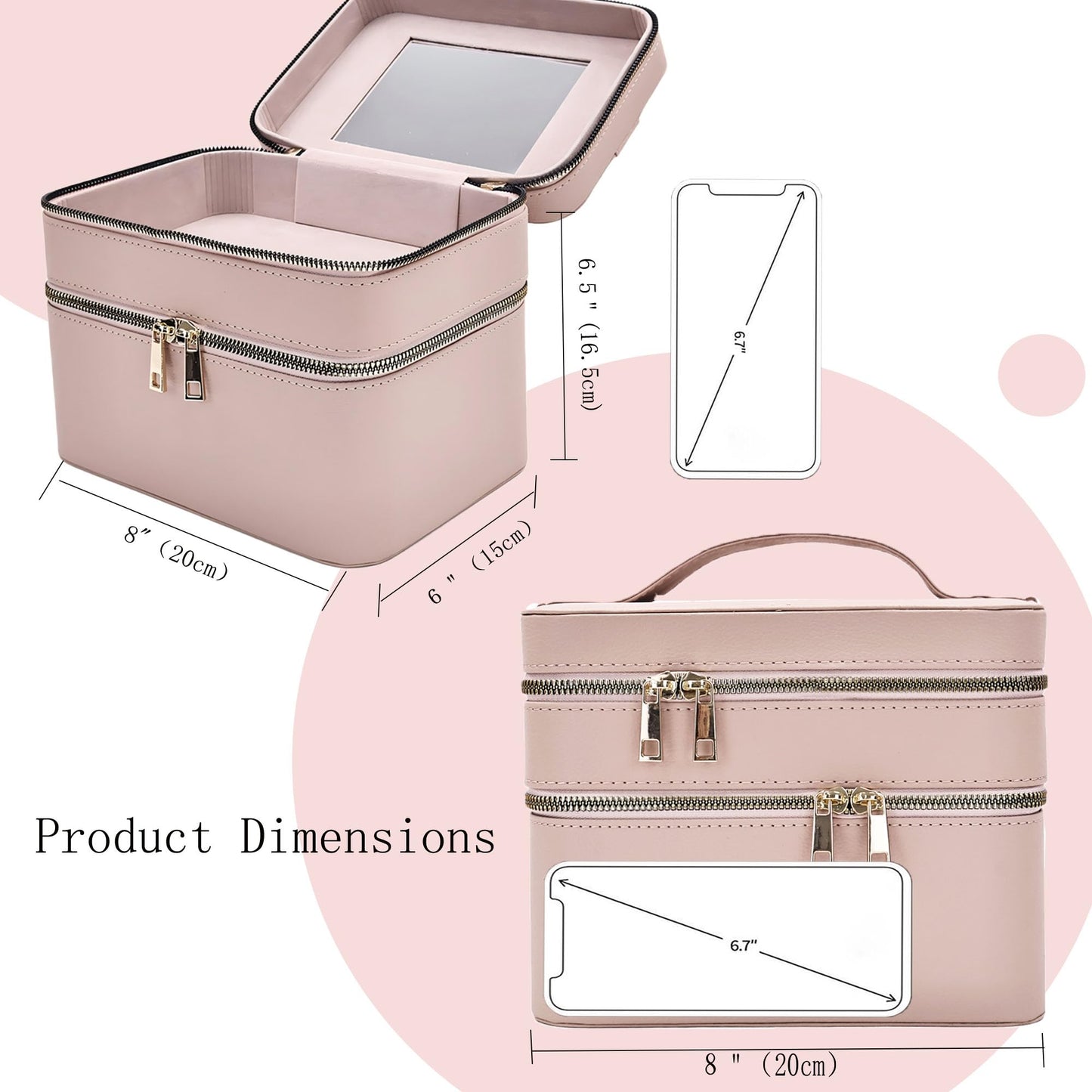 RCFJ b y K L A N D Hard Makeup Case, Double Layer Travel Cosmetic Case with Mirror - Waterproof PU Leather Toiletry Bag for Women