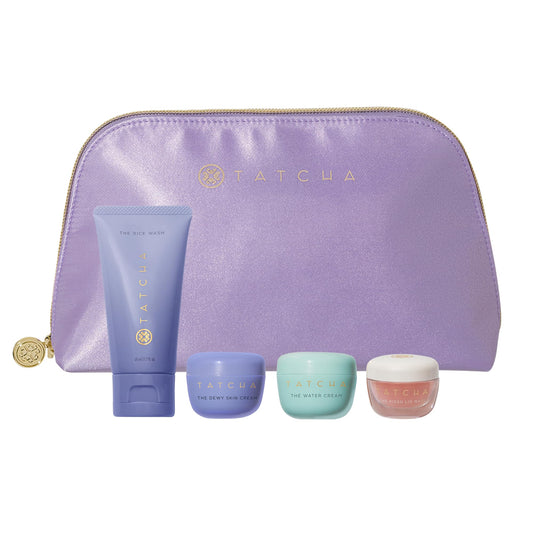Tatcha's Travel Essentials Set - Trial-Size Bestselling Japanese Skincare - Travel Bag with a Mini Rice Wash, Dewy Skin Cream, Water Cream, and Kissu Lip Mask - TSA Friendly Kit & Gift Set