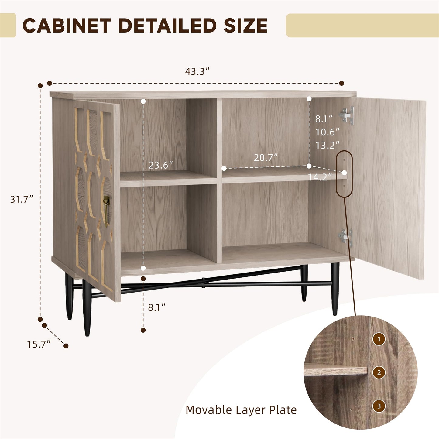 NEDYO Carved Decorative Storage Cabinet, Fluted Wooden Buffet, Sideboard with 2 Doors & Adjustable Shelf, Accent Cabinet for Living Room,Entryway, Kitchen and Dining Room. Oak