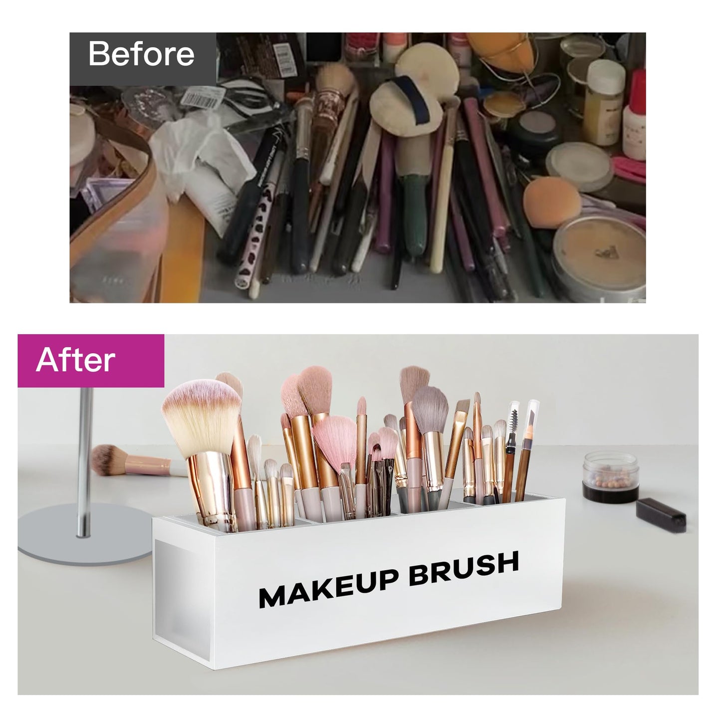 Suli Large Makeup Brush Holder Organizer, Wooden Cosmetic Brushes Storage with 4 Slots, Eyeliners Display Case for Vanity Desktop Bathroom Countertop -White