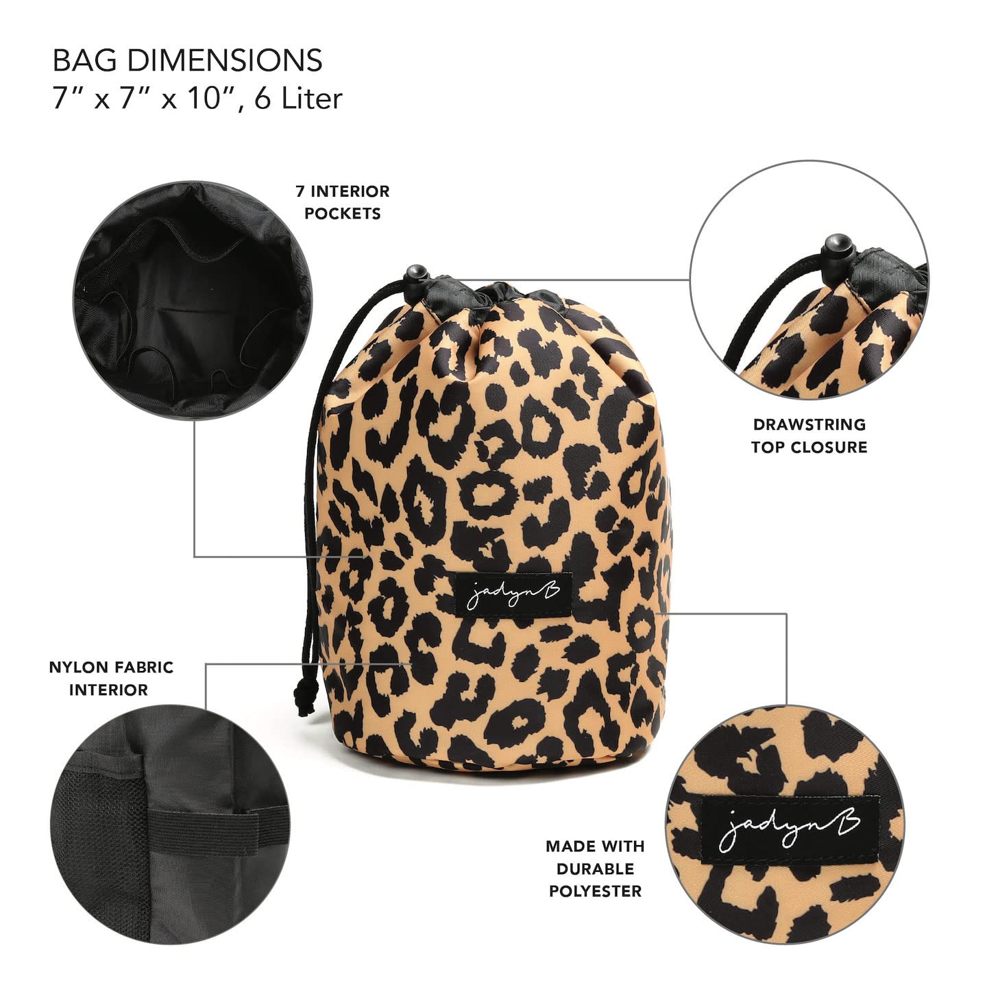Jadyn Durable Cinch Top Makeup Organizer - Compact Travel Makeup Bag - 7 Interior Pockets for Cosmetics - Drawstring Toiletry Travel Bag for Women - 6L Storage Capacity - (Leopard)