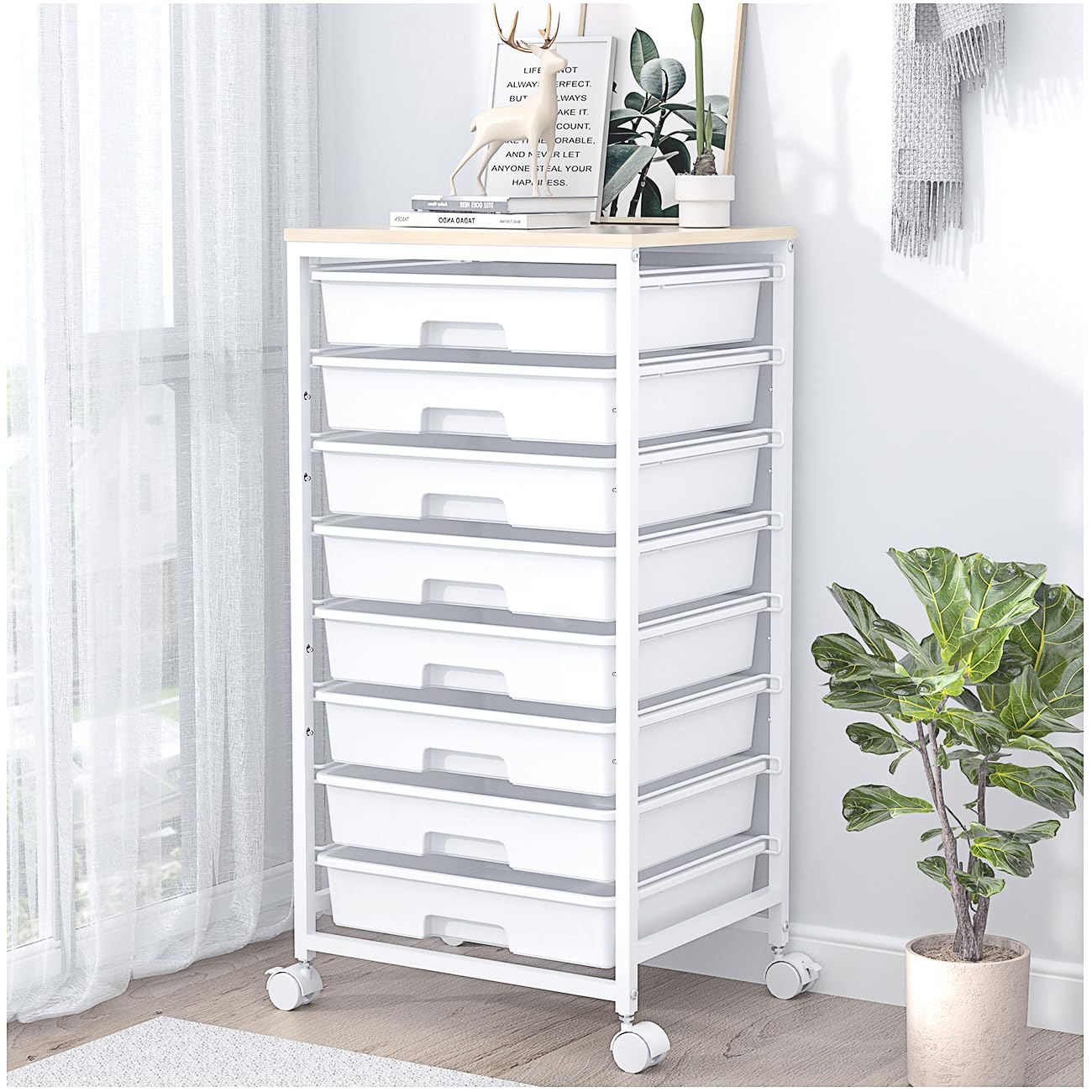 SYKIARIOL Rolling Storage Cart with Drawers,Utility Cart With 8 Drawers and Wooden Tabletop,Rolling Drawer Cart,Storage Drawer Cart for Living Room,Classroom,Bedroom,Bathroom,Dorm,Office,White