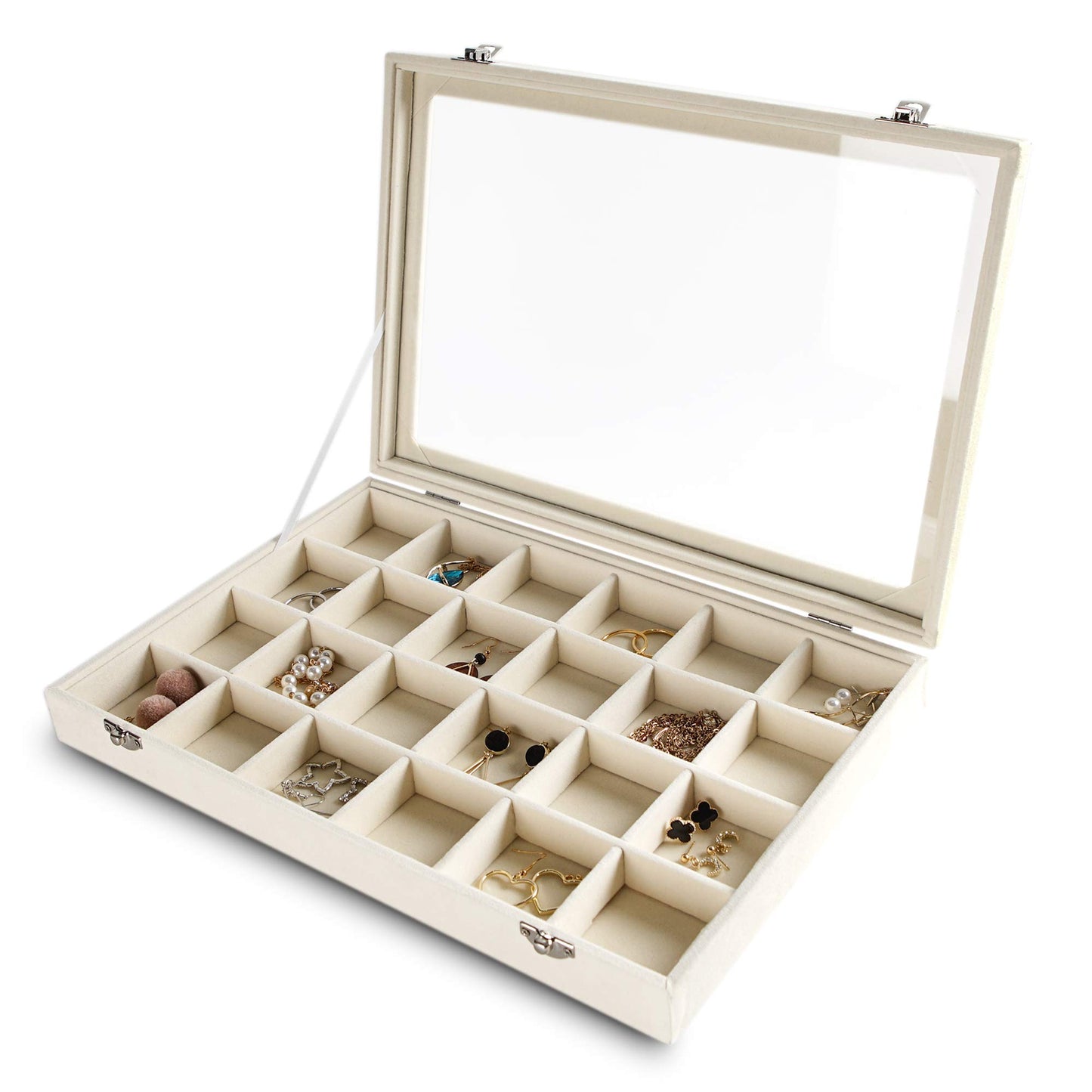Frebeauty 24 Grid Earring Holder Organizer Tray, Jewelry Organizers and Storage for Drawer,Velvet Jewelry Display Storage for Earrings,Rings,Studs,10.5 x 6.5 x 1.2 Inches Gift for Women (Beige)