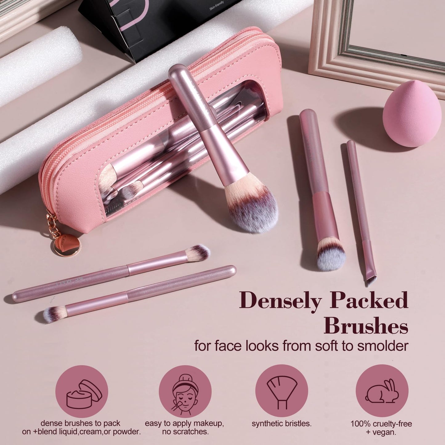 BS-MALL 14 Pcs Makeup Brushes Set with 1 Pcs Makeup Sponge – Essential Foundation Powder Concealers, Eye Shadows, Blush Makeup Brushes with Travel Makeup Case (Matte Gold Pink)