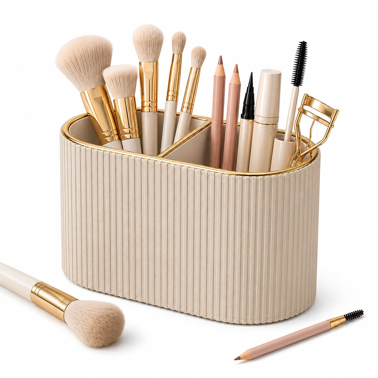 GORESE Makeup Brush Holder Organizer with 2 Slots, PU Leather Small Make Up Organizer for Vanity Countertop, Makeup Brush Cup for Bathroom & Dresser Counter, Gift for Women(Beige)