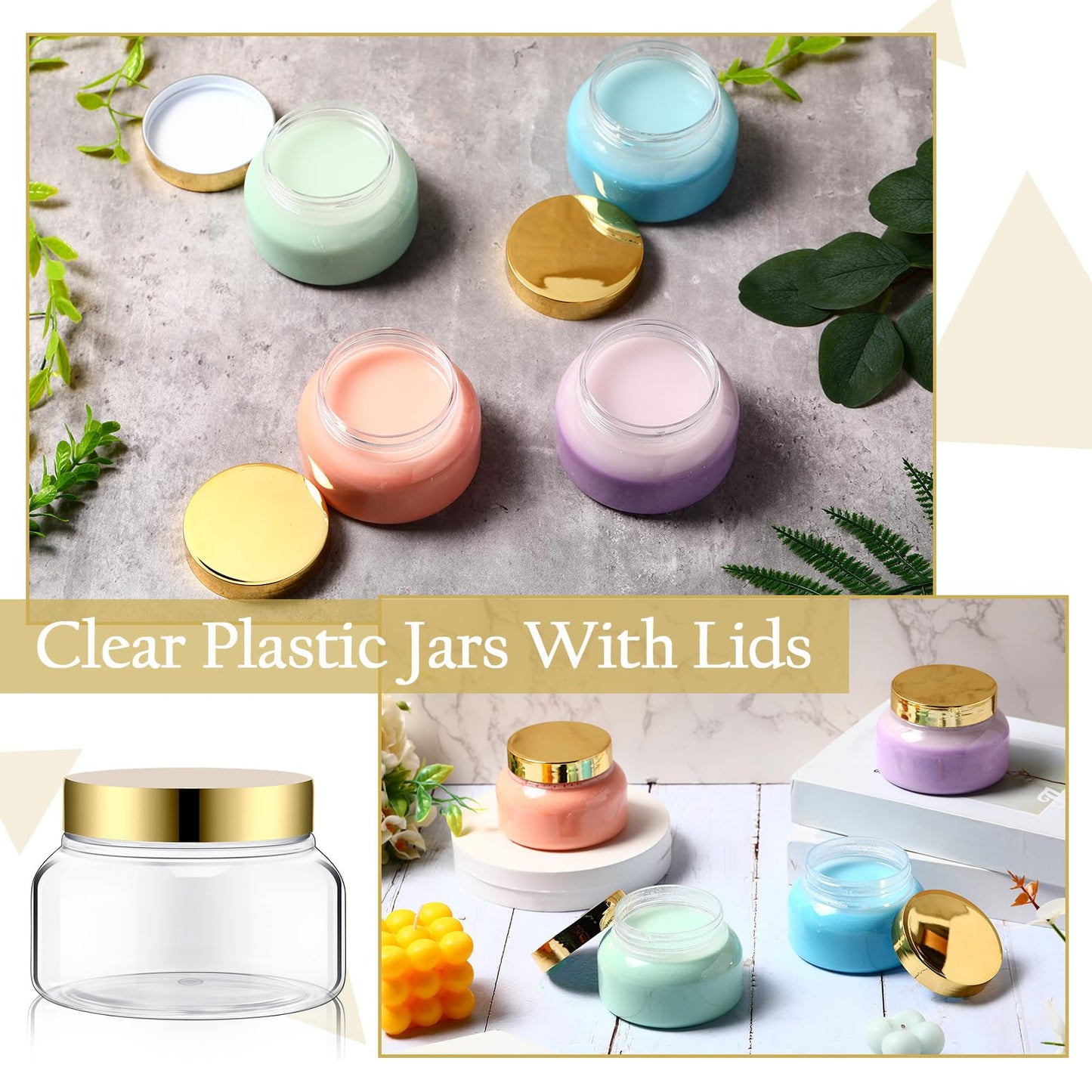 Mumufy 48pcs Plastic Jars with Lids Round Empty Containers Travel Containers for Creams Refillable Cosmetic Jars for Lotions Body Scrub Body Butter (8 oz,Gold,Clear)