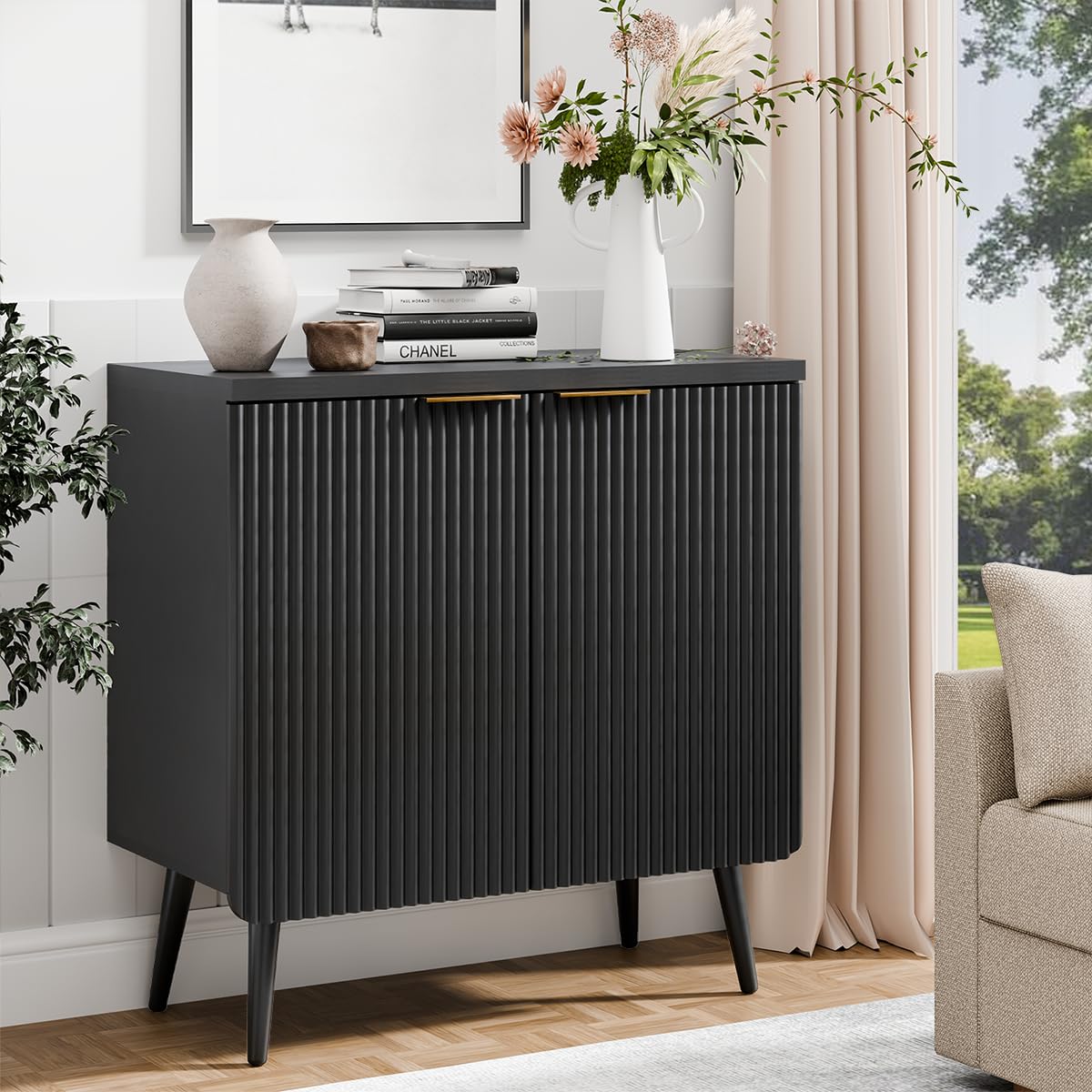Trygoal Wood Fluted Sideboard with 2 Doors, Modern Buffet Cabinet with Shelves, Multi-Space Storage Credenza Kitchen for Entryway, Dining & Living Room, Black