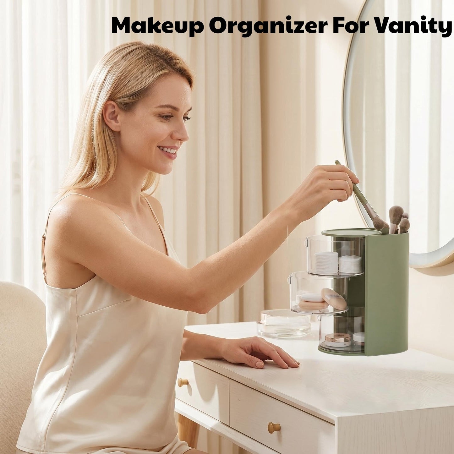 Lukzeezo Makeup Organizer with Makeup Brush Holder (Sage Green)