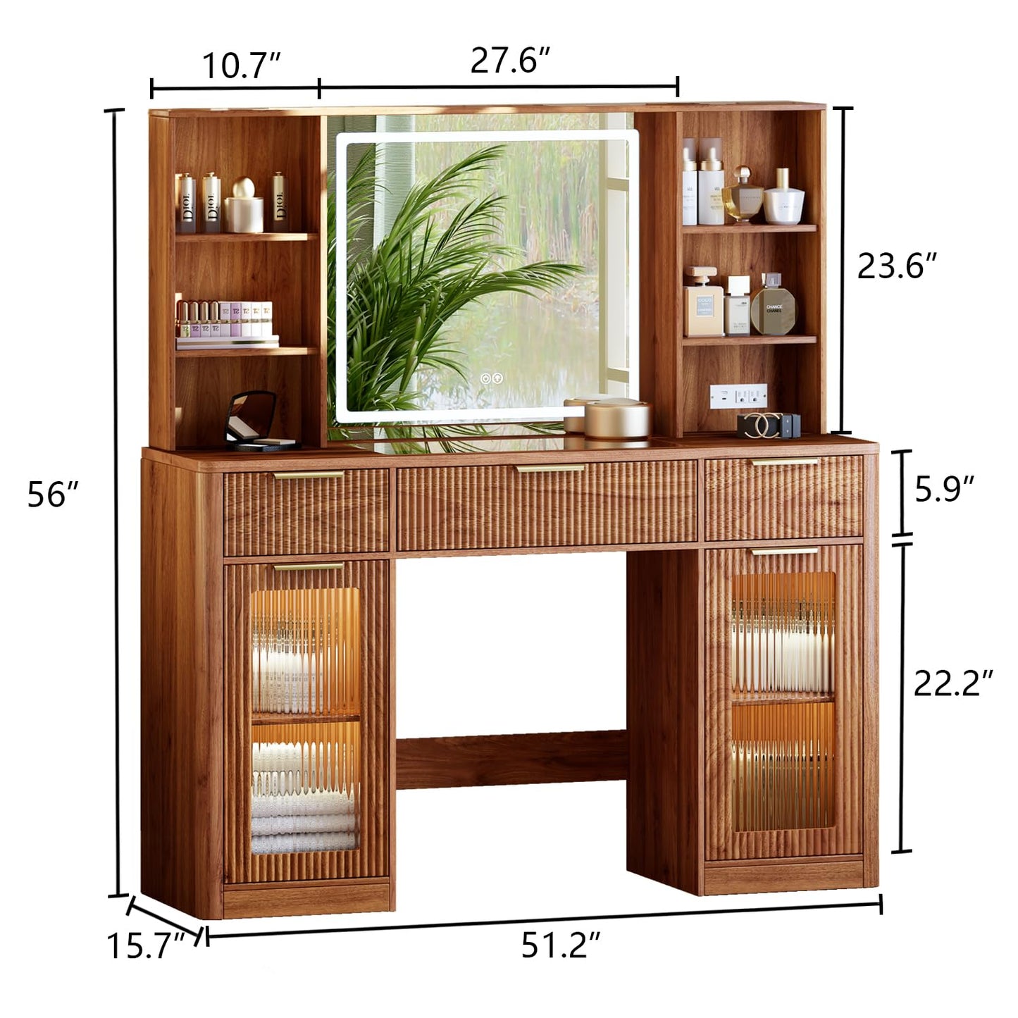 51" Large Vanity,Modern Fluted Makeup Vanity Desk with Mirror and Lights, Glass Top Vanity with 3 Drawers and 2 Cabinets&Charging Station,Dressing Table for women and girls’ bedrooms. Walnut