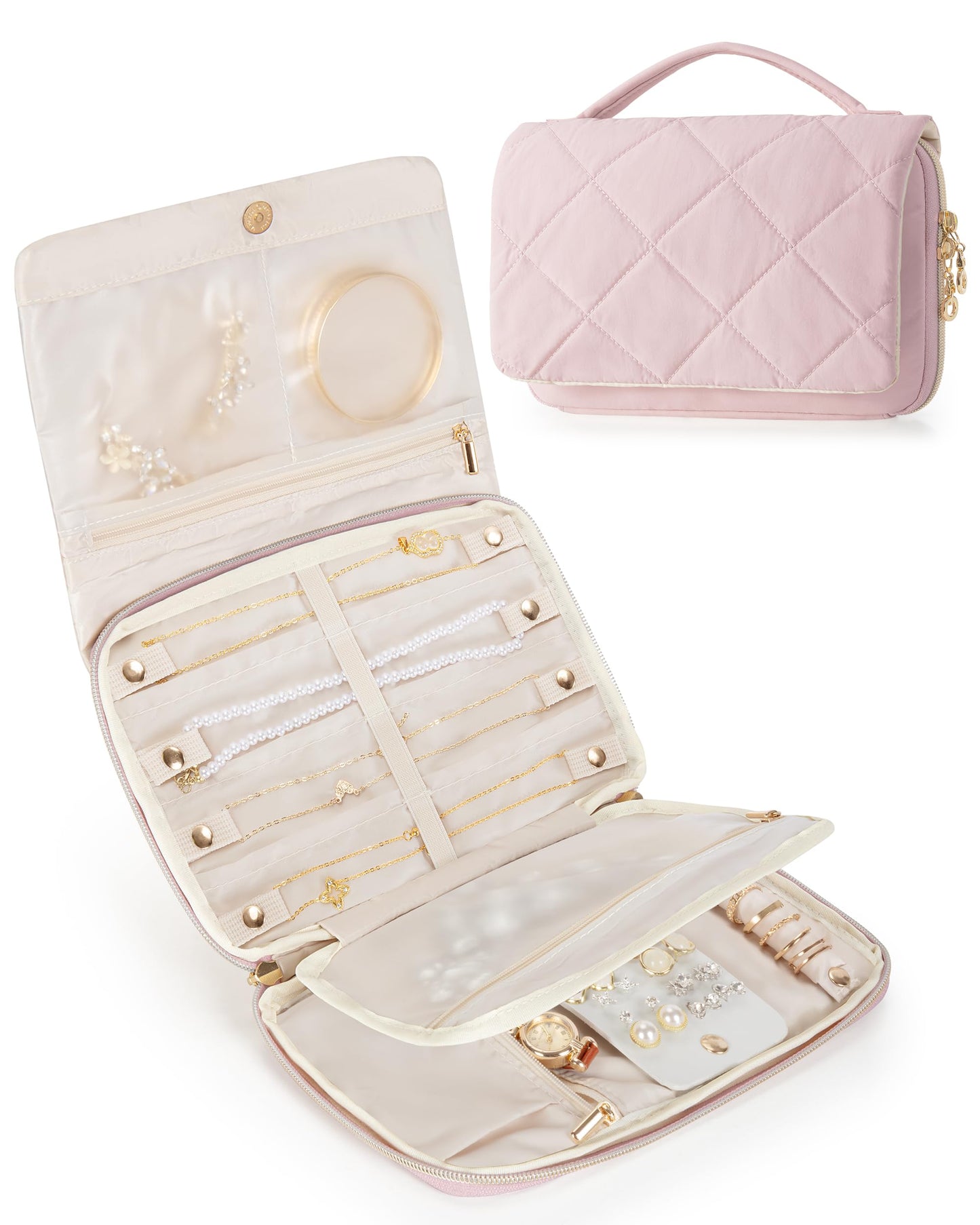 Marscamd Travel Jewelry Organizer Case for Women, Foldable Jewelry Bag for Earrings, Rings, Necklaces, Bracelets, Brooches, Pink