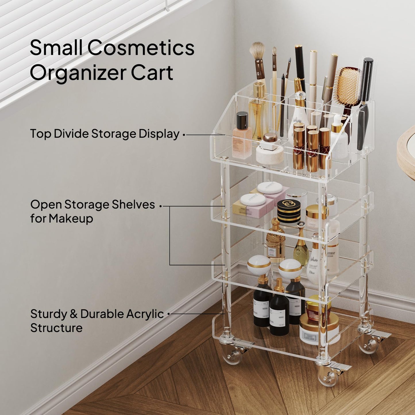Aquiver Acrylic 4 Tier Makeup Organizer Cart - Small Rolling Vanity Cart