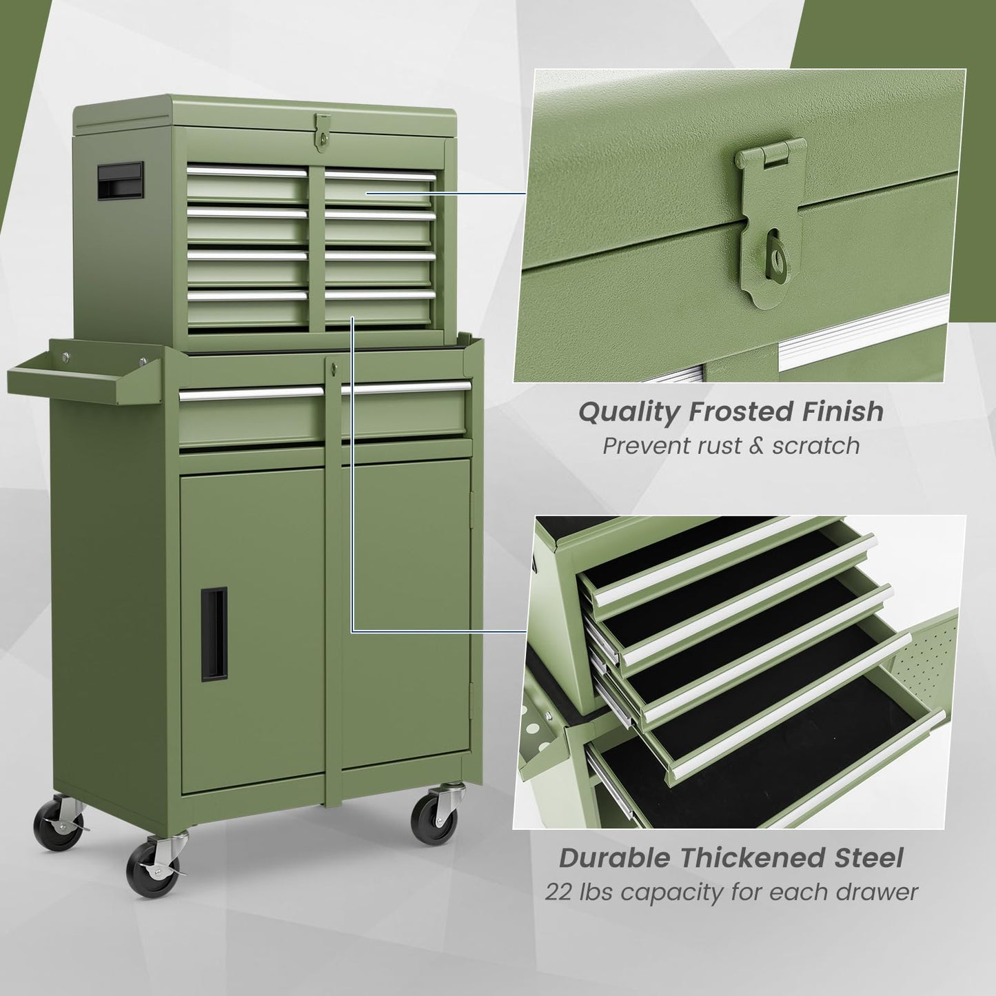 ERGOMASTER 5-Drawer Rolling Tool Cabinet with Detachable Top Toolbox, Lockable Wheels, Lock Bar, Protective Liner & Tool Rack, Metal Tool Storage Cart for Garage Workshop-Green