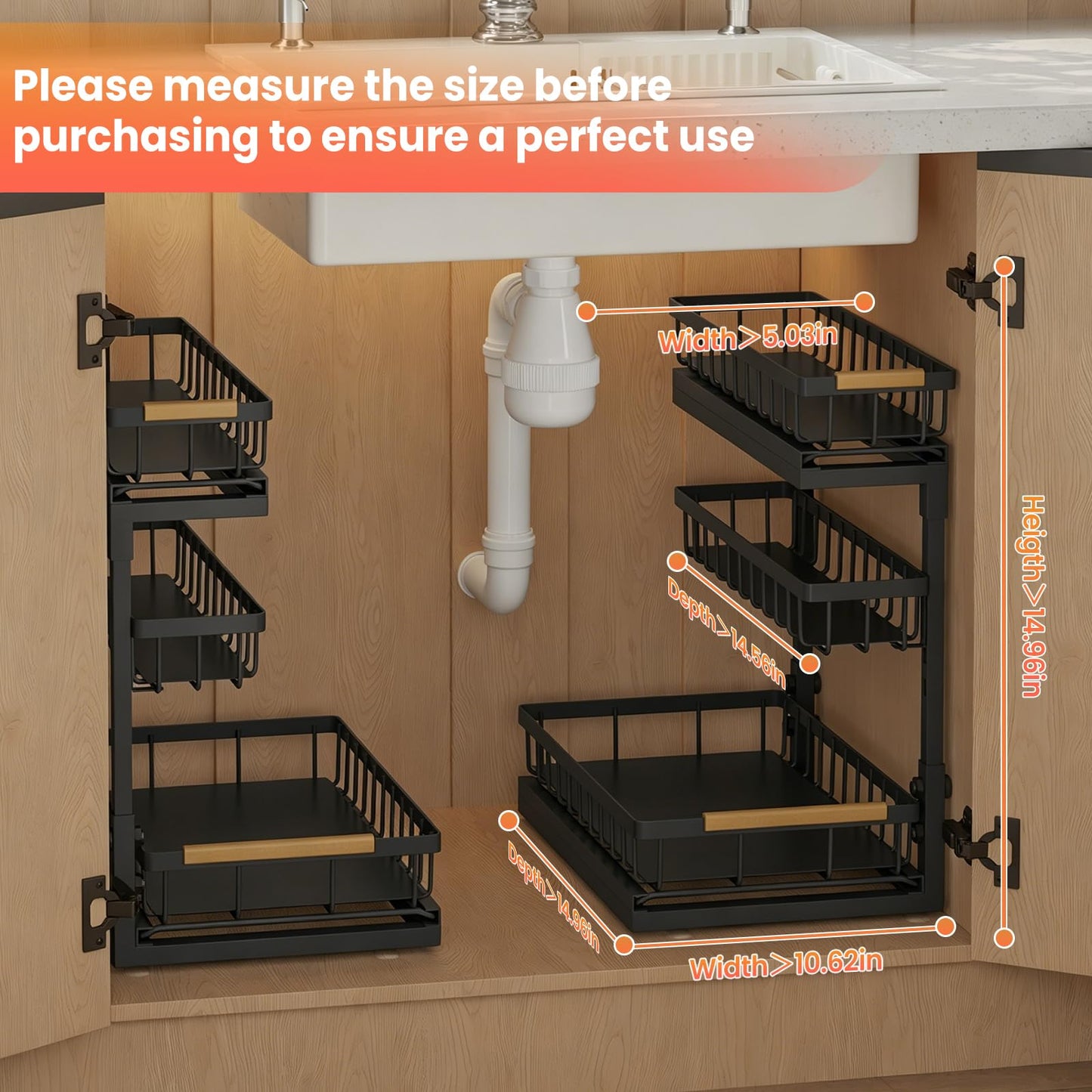 Aekenr Under Sink Organizer and Storage for Bathroom and Kitchen - 2 Pack 3 Tier Under Cabinet Pull Out Shelf Organizers - Slide Out Drawer Organization for Home Cabinets Shelves and Drawers
