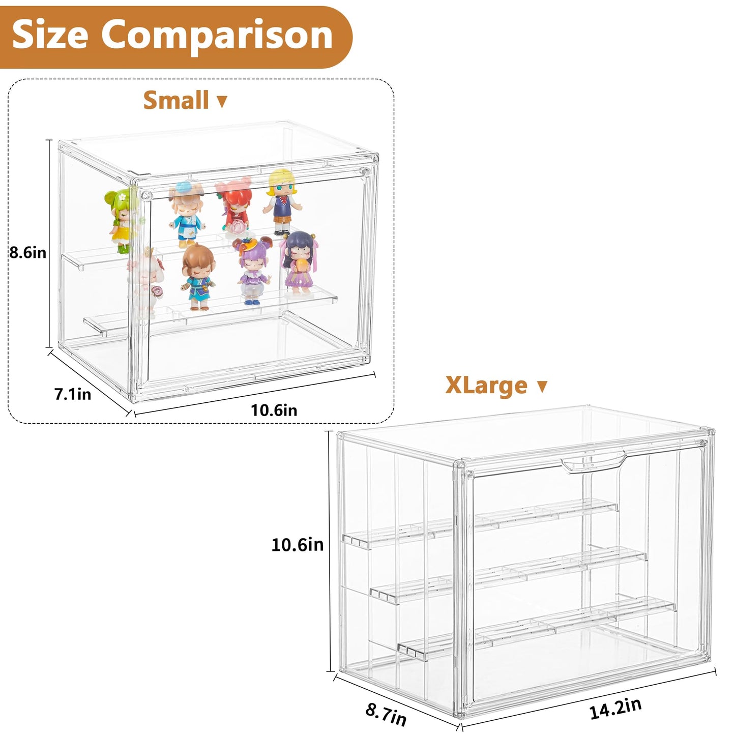 LXLXXL Small Acrylic Display Case for Collectibles 3 Layer Adjustable Display Case with Magnetic Door Clear Stackable Display Box for Mini Figures, 4 Pack