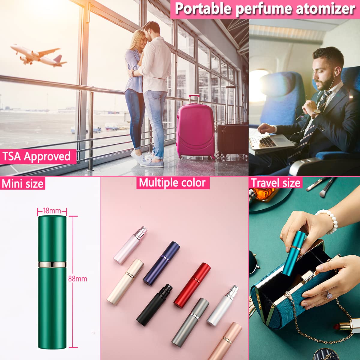 ANTOKX Travel Perfume Bottle Refillable Atomizer - 5ML Pocket Perfume Dispenser, Leakproof Portable Perfume Sprayer (Black & Rose Gold)