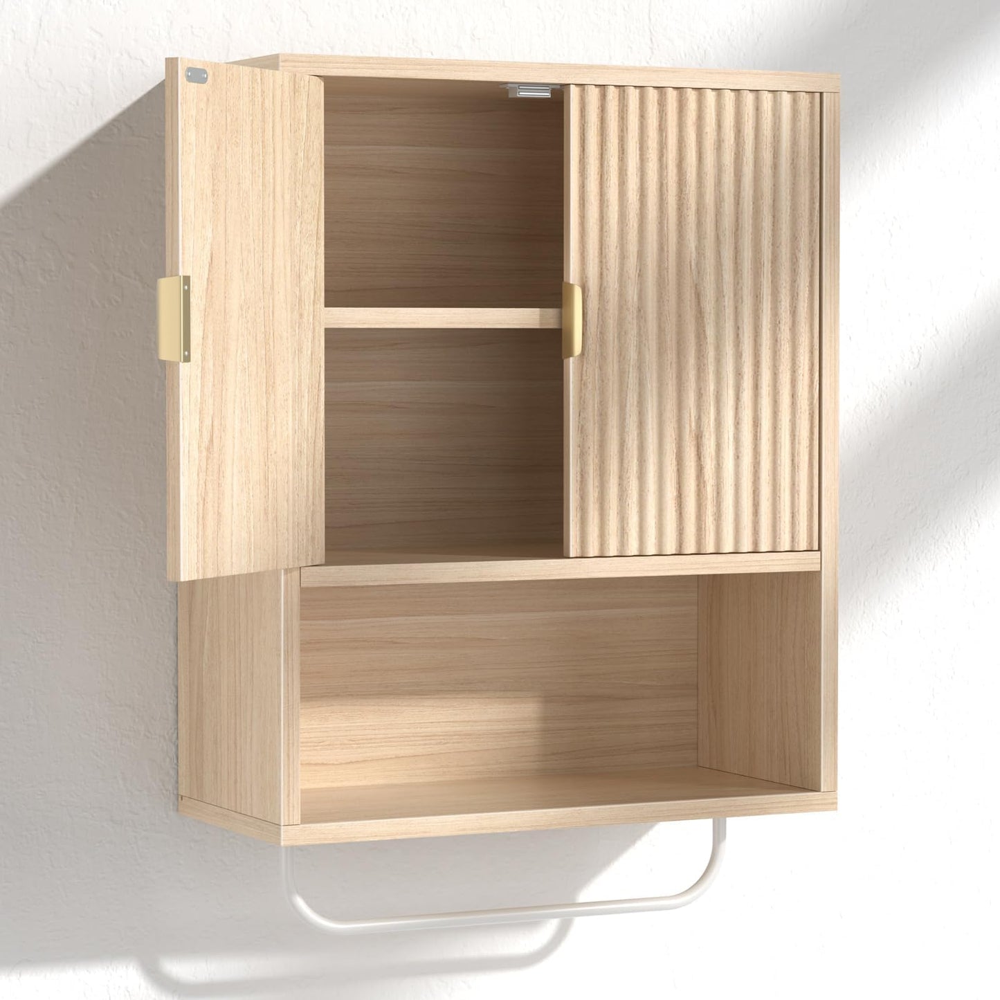 Bathroom Wall Cabinet No Mirror – Fluted Wood Medicine Cabinet with Towel Bar, Surface Mount Storage Organizer Over Toilet, Rustic Farmhouse Hanging Cupboard with Doors for Over Sink (Natural Oak)