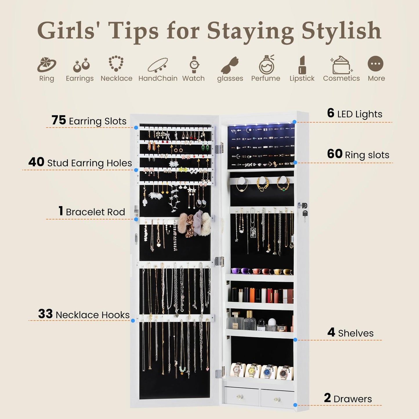Sweetcrispy Jewelry Organizers and Storage, Wall/Door Mounted Jewelry Armoire with Full Length Mirror, 47.2" Tall Mirror with Storage, Automatic 6 LED Lights, Lockable, 2 Drawers, White