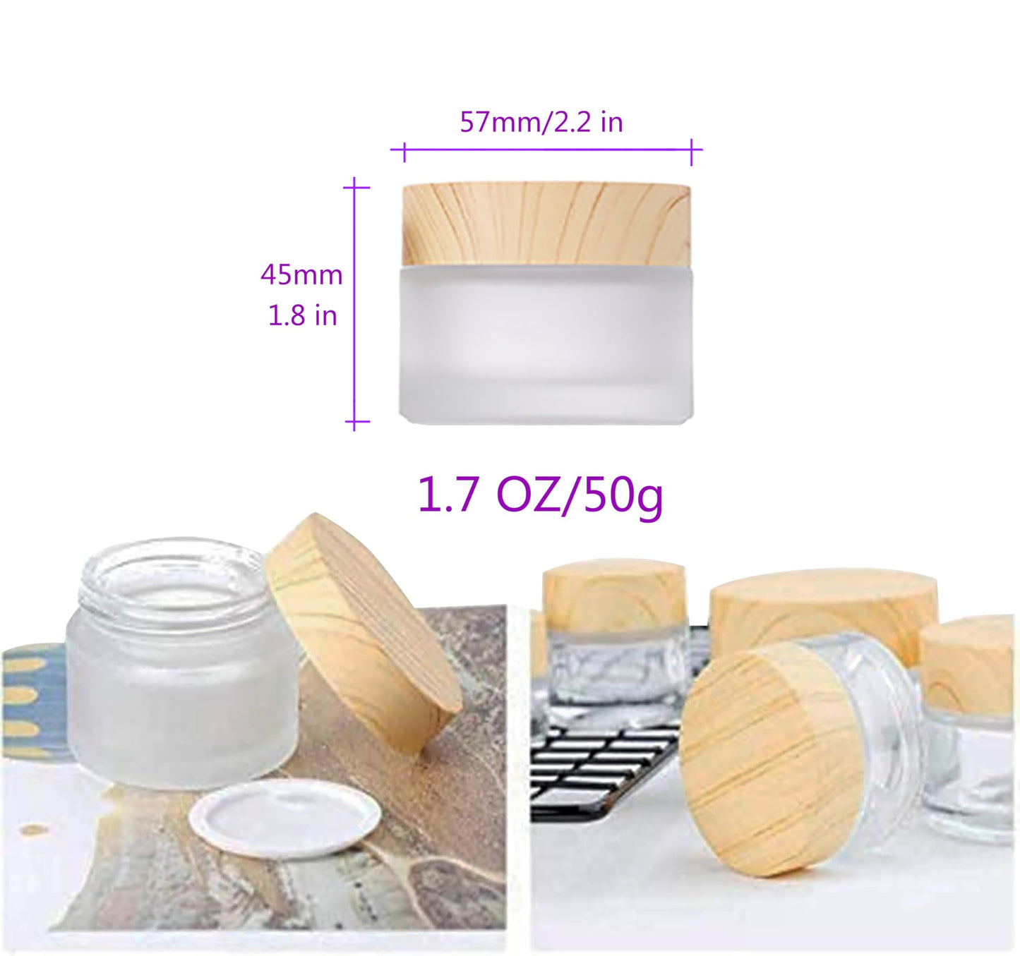 Healthcom 50 Gram/50 ml Empty Sample Jars Round Frosted Glass Bottle Cosmetic Cream Jar Wood Grain Lid Cosmetic Container Glass Cream Box Refillable Cream Pot Jars for Lip Balm Lotion Eyeshadow,4 Pack