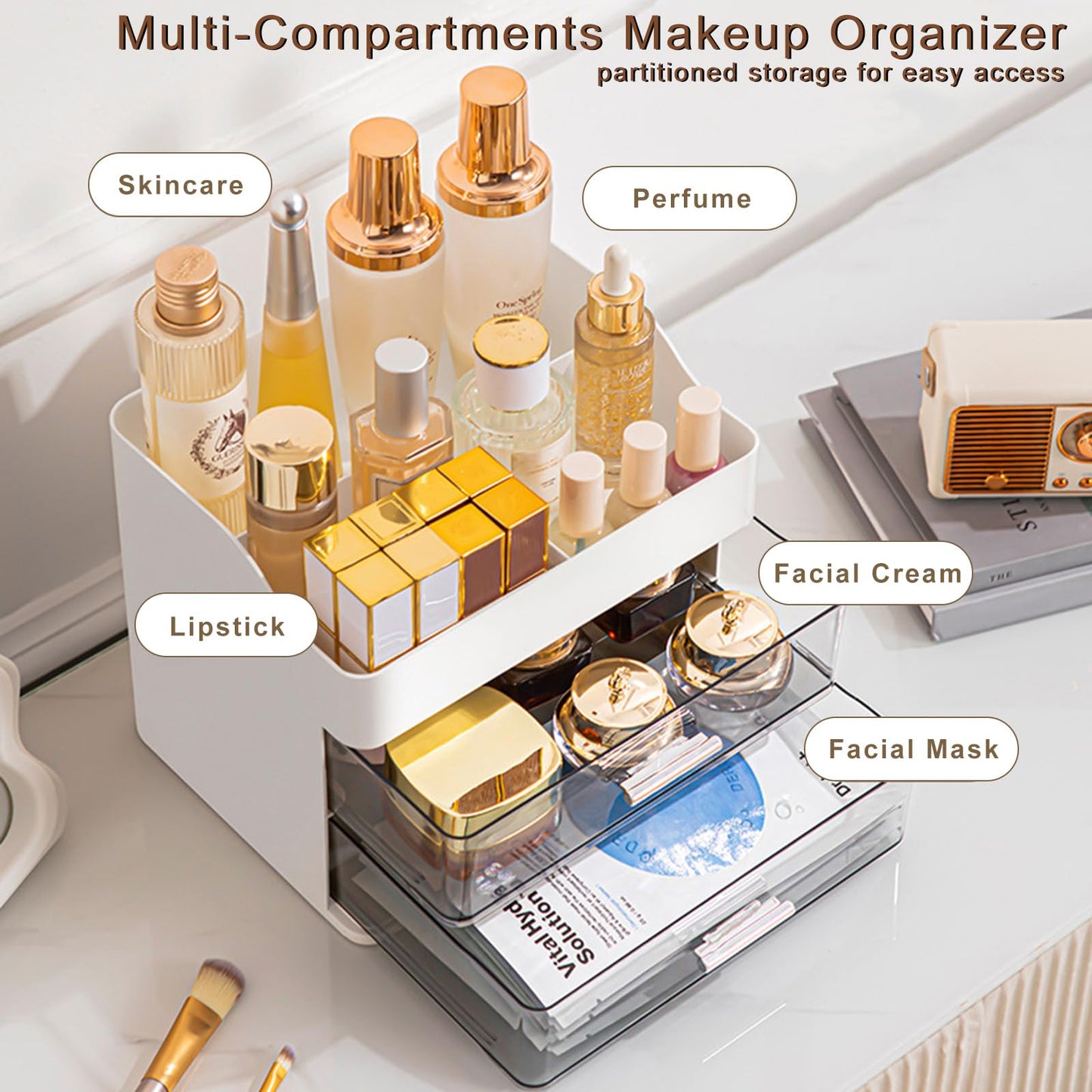 DASITON Makeup Organizer with 2 Drawers, Large Capacity Makeup Cosmetic Organizers for Vanity Dresser Bathroom Countertop, Vanity Organizer Makeup Storage Box for Skincare, Eyeshadow, Lotions (White)