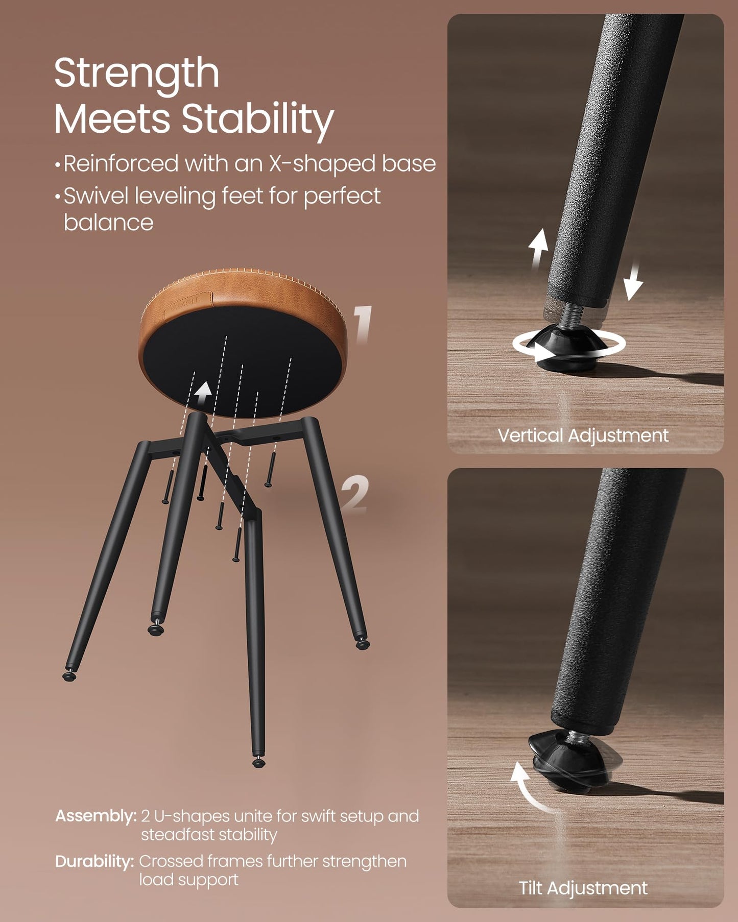 VASAGLE EKHO Collection - Dining Chairs Stools Set of 2, Upholstered Kitchen Chairs, Vanity Stools, Synthetic Leather with Stitching, Mid-Century Modern, 19-Inch Tall, Easy Assembly, Caramel Brown