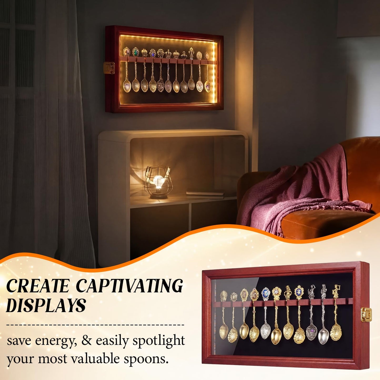 Sliner Decorative Spoon Rack Display Case Hold 12 Spoons with LED Lights Lockable Wall Mount Holder Organizer for Collection, Cherry Wood
