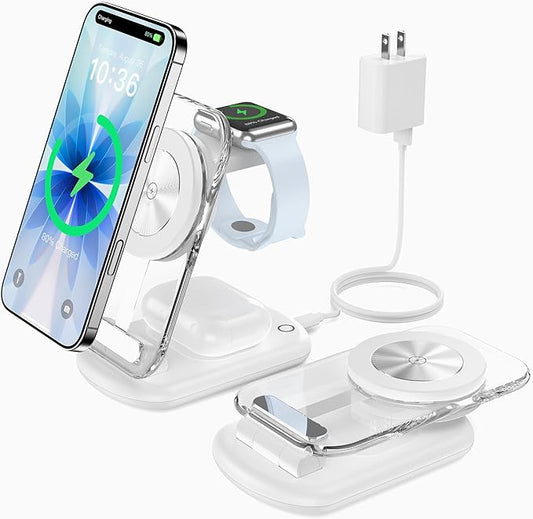 3 in 1 Magnetic Wireless Charging Station for Apple Devices, Fast Foldable Travel Mag-Safe Charger Stand with Night Light for iPhone 17 16 15 14 13 12 Series, Apple Watch/AirPods Pro, White