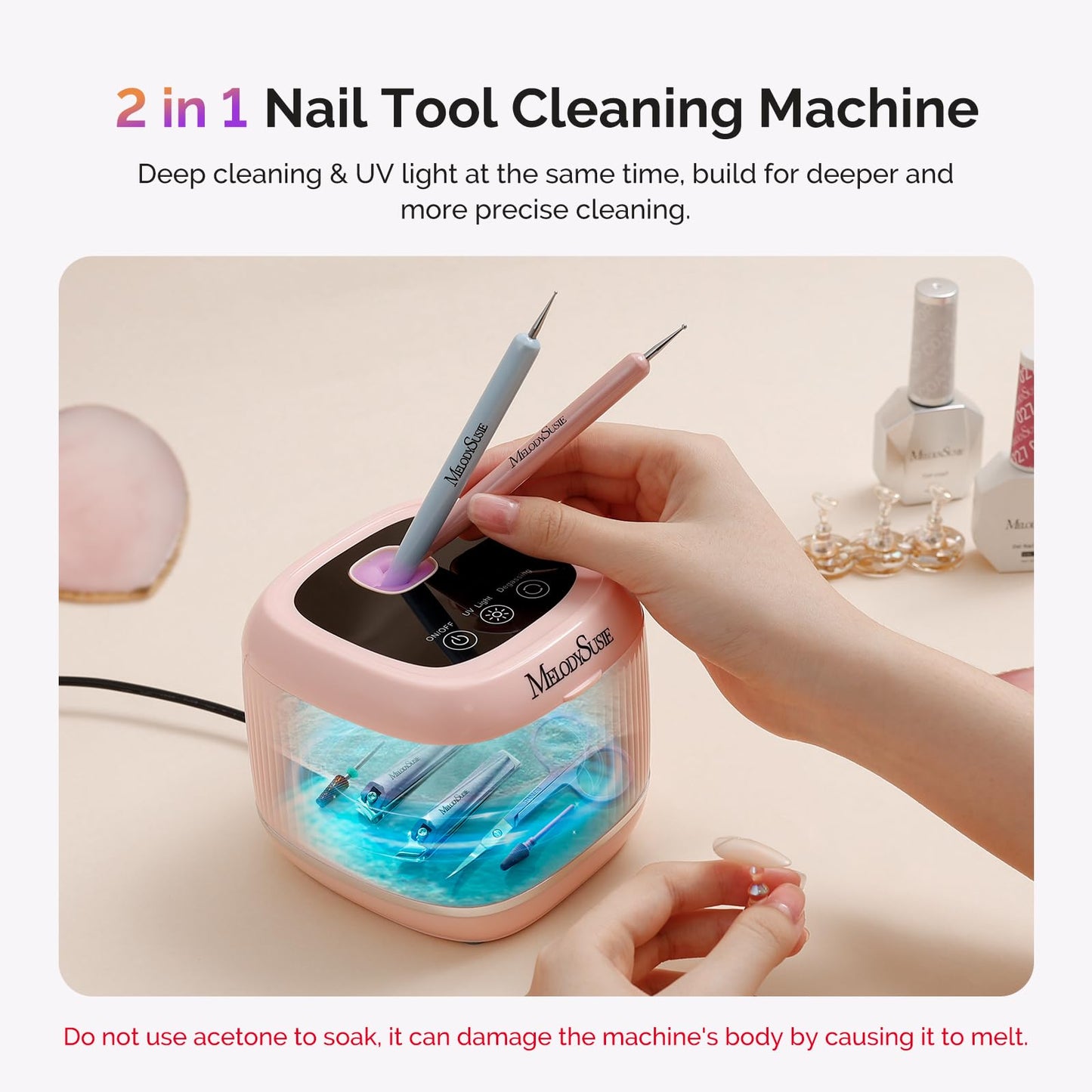 MelodySusie 2 in 1 Nail Tool Cleaning Machine, 3 Timers Mode for Nail Drill Bits, Nail Art Brush, Nail Clipper, Jewelry Cleaning, Salon & Home Use, Pink,DL-160